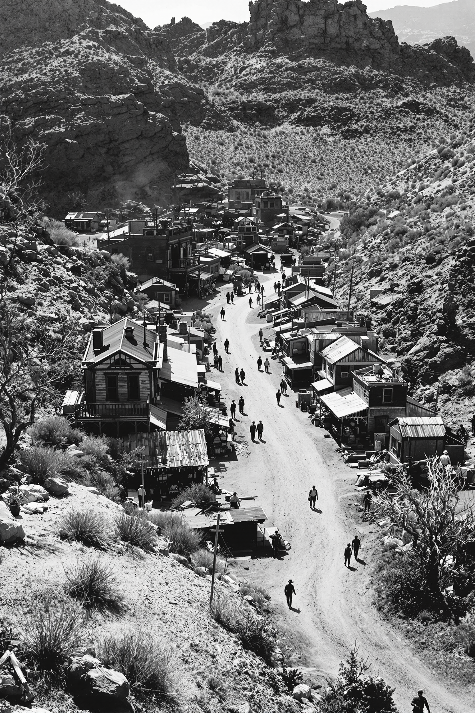 realistic photograph monochrome western arizona ghost town black and white, 1800's photo with minimal water damage, arial from mountain side