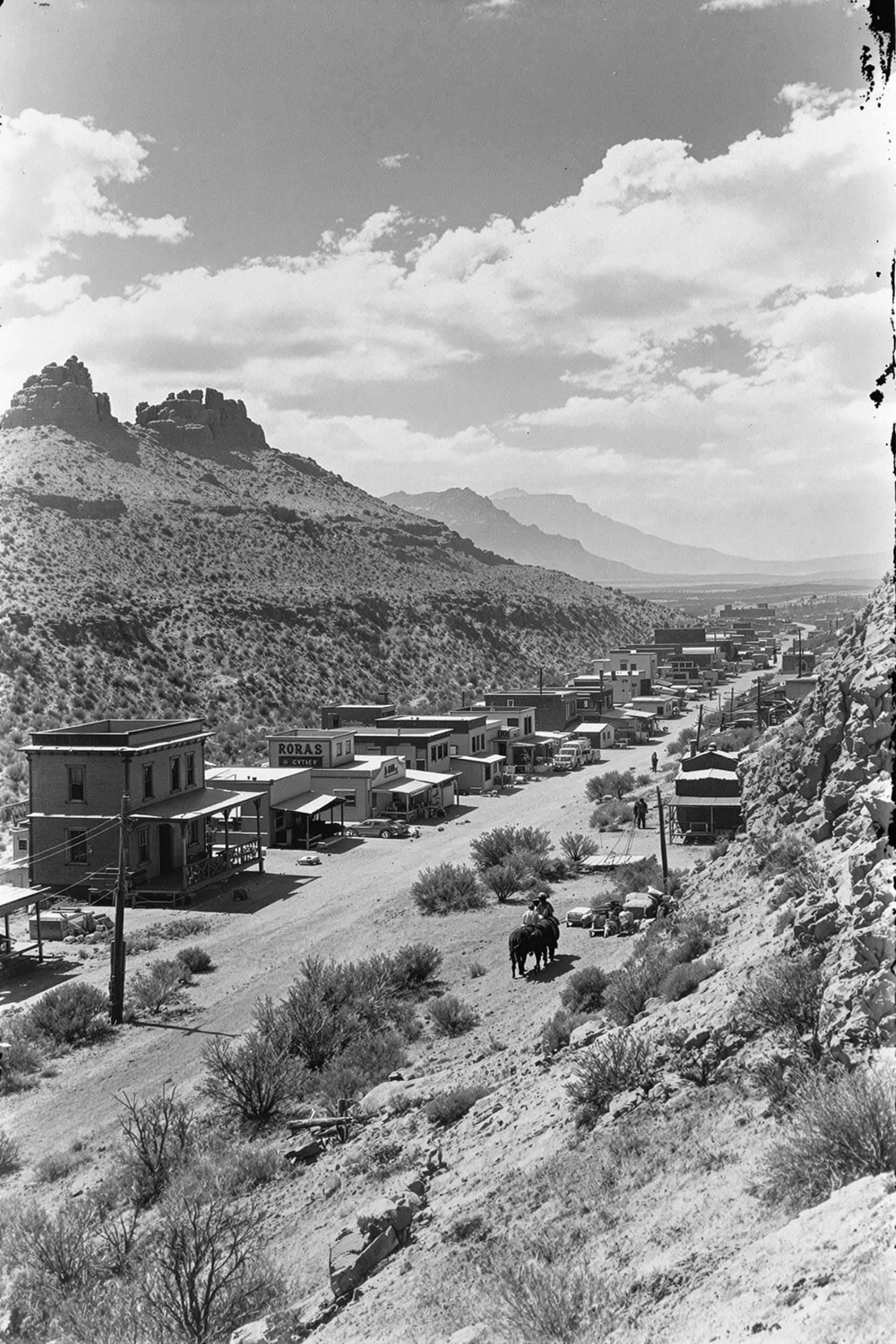 realistic photograph monochrome western arizona ghost town black and white, 1800's photo with minimal water damage, arial from mountain side