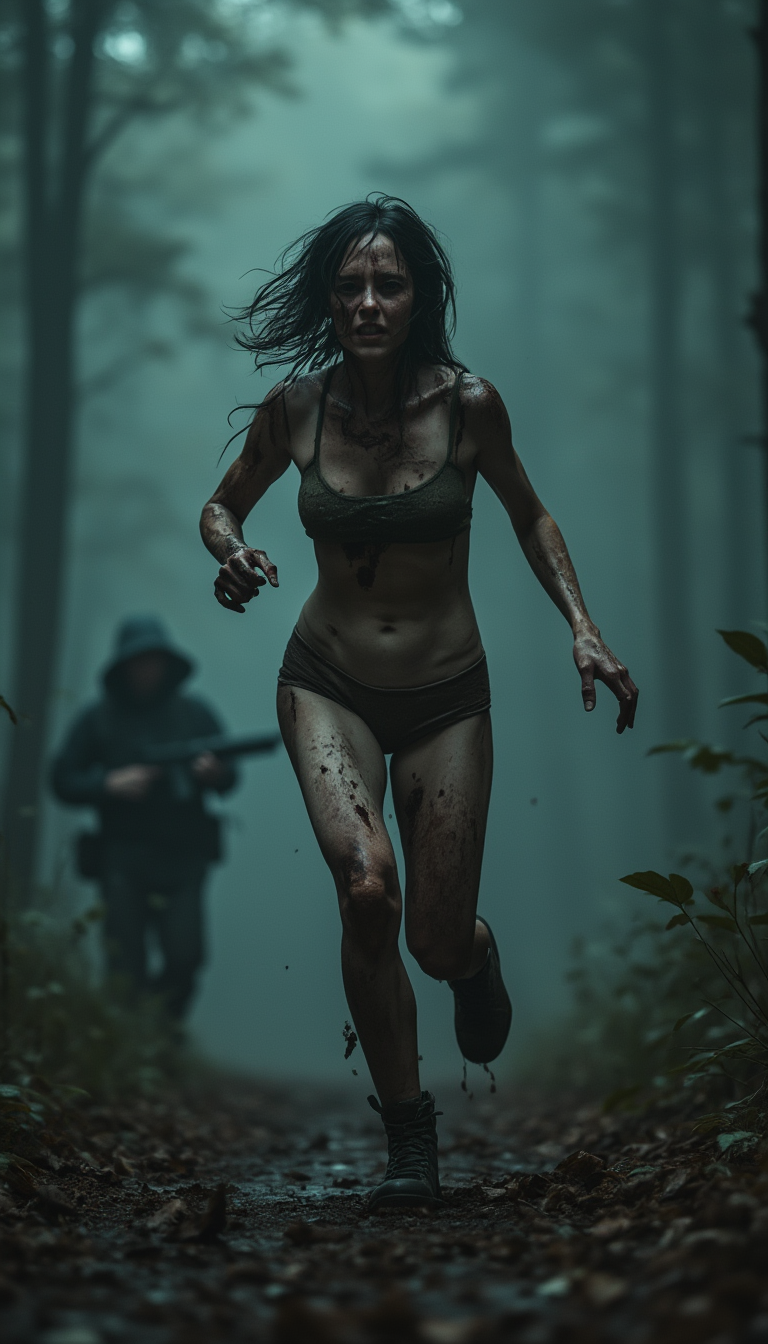 Example: A cinematic horrific hunting scene in dark forrest