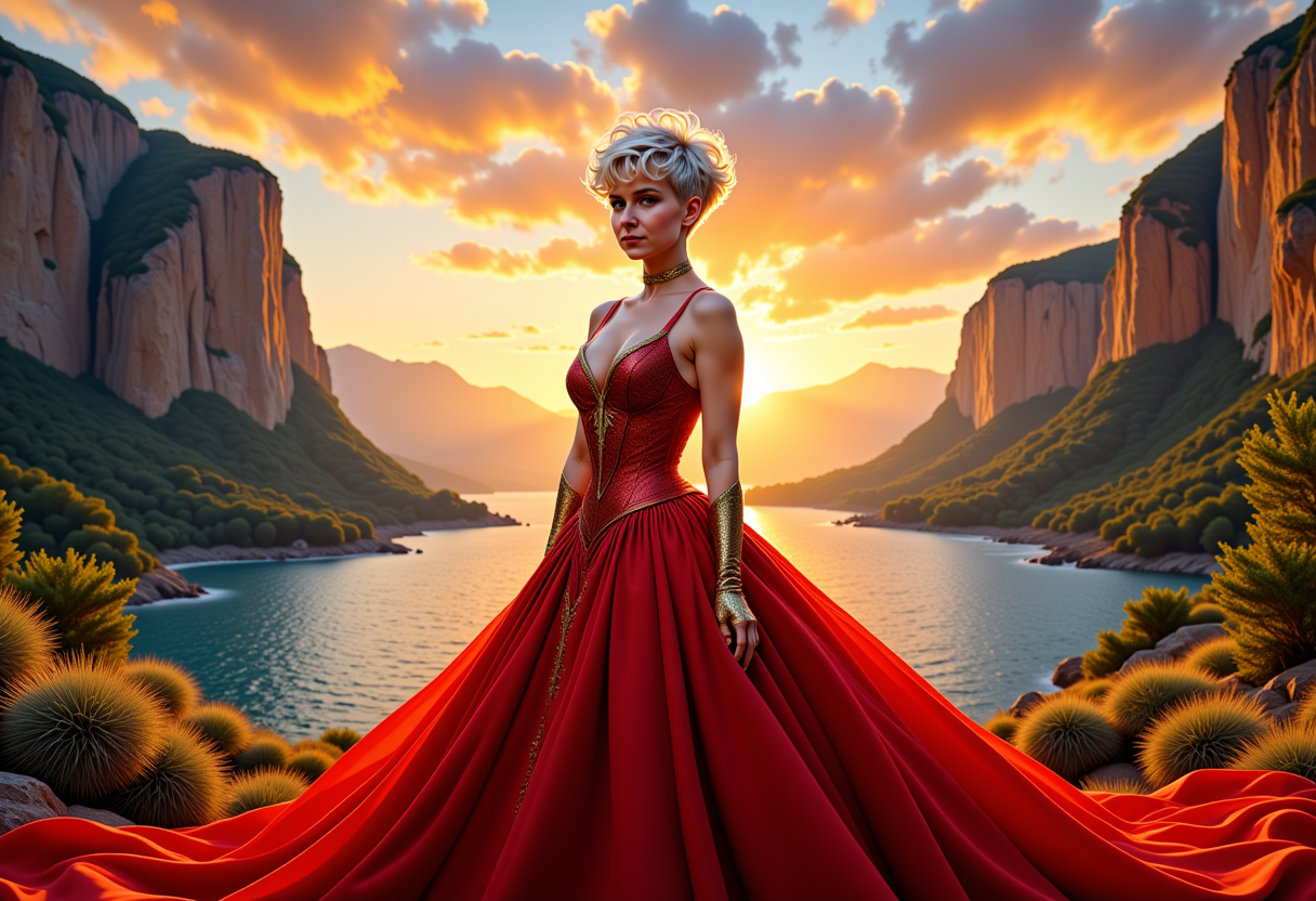 MO-LoRa-Multi, Pixie4-LoRA12, A majestic portrayal of Power Girl, standing boldly at the center, super short curly white-blonde pixie hair, framing her expressive face illuminated by an ethereal, radiant aura. She wears a stunning, hero dress in rich red and gold, with a choker-style collar, her confident gaze directed at the viewer. The backdrop features dramatic cliffs and a shimmering lake, with the horizon ablaze with vibrant sunrise hues, casting a warm, golden glow across the scene, enhancing the dreamy, magical atmosphere. The environment, slightly gloomy yet enchanting, is rendered in ultra-high-definition 4K HDR, showcasing intricate textures and details. This scene is infused with a whimsical touch of sticker art, creating a captivating, surreal experience that celebrates her strength and allure. The composition is framed with a dynamic, wide-angle lens to capture the vast landscape and the intricate details of her attire, employing a soft focus on the background to highlight her presence. The lighting uses a combination of backlighting and side lighting to create depth and highlight the textures, with a dreamy, soft-focus lens effect adding to the otherworldly charm of the scene.