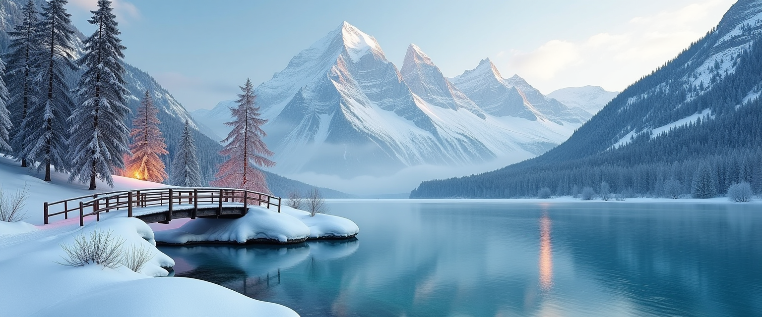 A breathtaking winter landscape, with imposing snow-capped mountains in the background. Frozen lake with crystal clear waters flowing into the valley. the lakeside is lined with ice formations and trees covered in frost and snow. A wooden bridge spans the lake and in the distance you can see a fireplace.