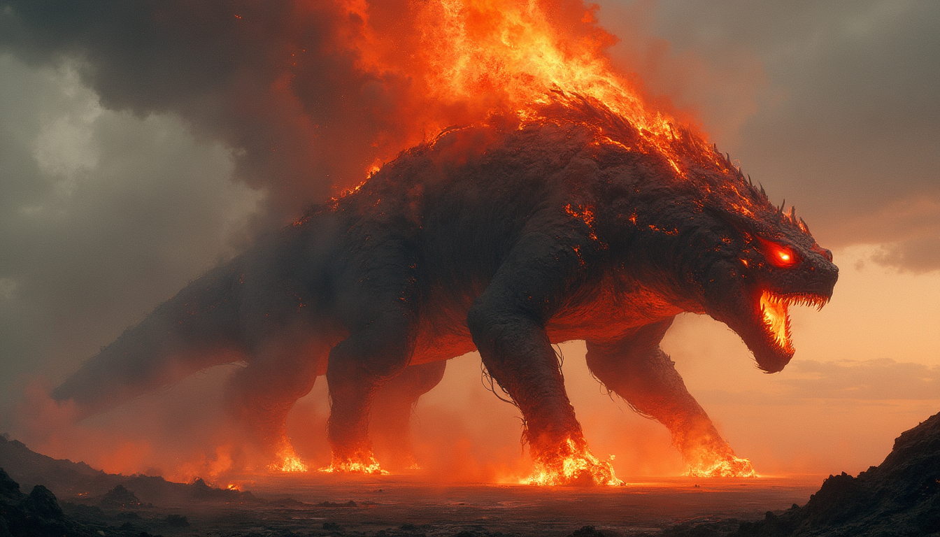 an giant living volcano creature, the size of a mountain, spewing lava, smoke, and ash from its top, four legs, enrormous, walking over a vast plain, angry, dangerous