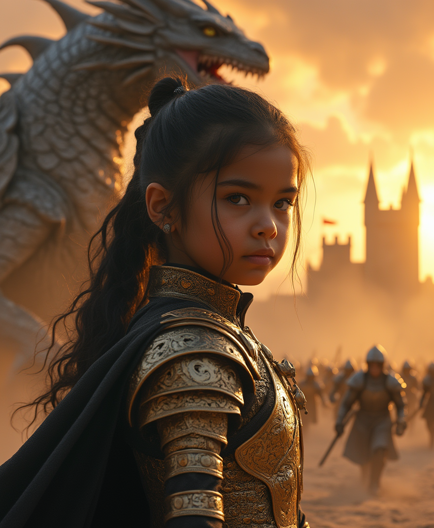 A majestic, close-up, fantasy sunset scene with the face of a powerful 10-year-old warrior girl in the foreground. She is a Latina, brunette, Mexican woman, dressed in intricately detailed golden armor with black accents, a billowing black cape, and a confident stance. Behind her, a massive, roaring dragon with gray scales and prominent horns looms, its mouth open in a ferocious expression. In the background, an imposing medieval castle with tall towers rises amidst a dusty, desert landscape. A group of armored soldiers can be seen charging or retreating in the distance, shrouded in a haze of sand and golden light. The sky is covered with dramatic clouds and warm golden tones, creating an epic and cinematic atmosphere. High-detail, photorealistic cinematic lighting in 4K resolution.