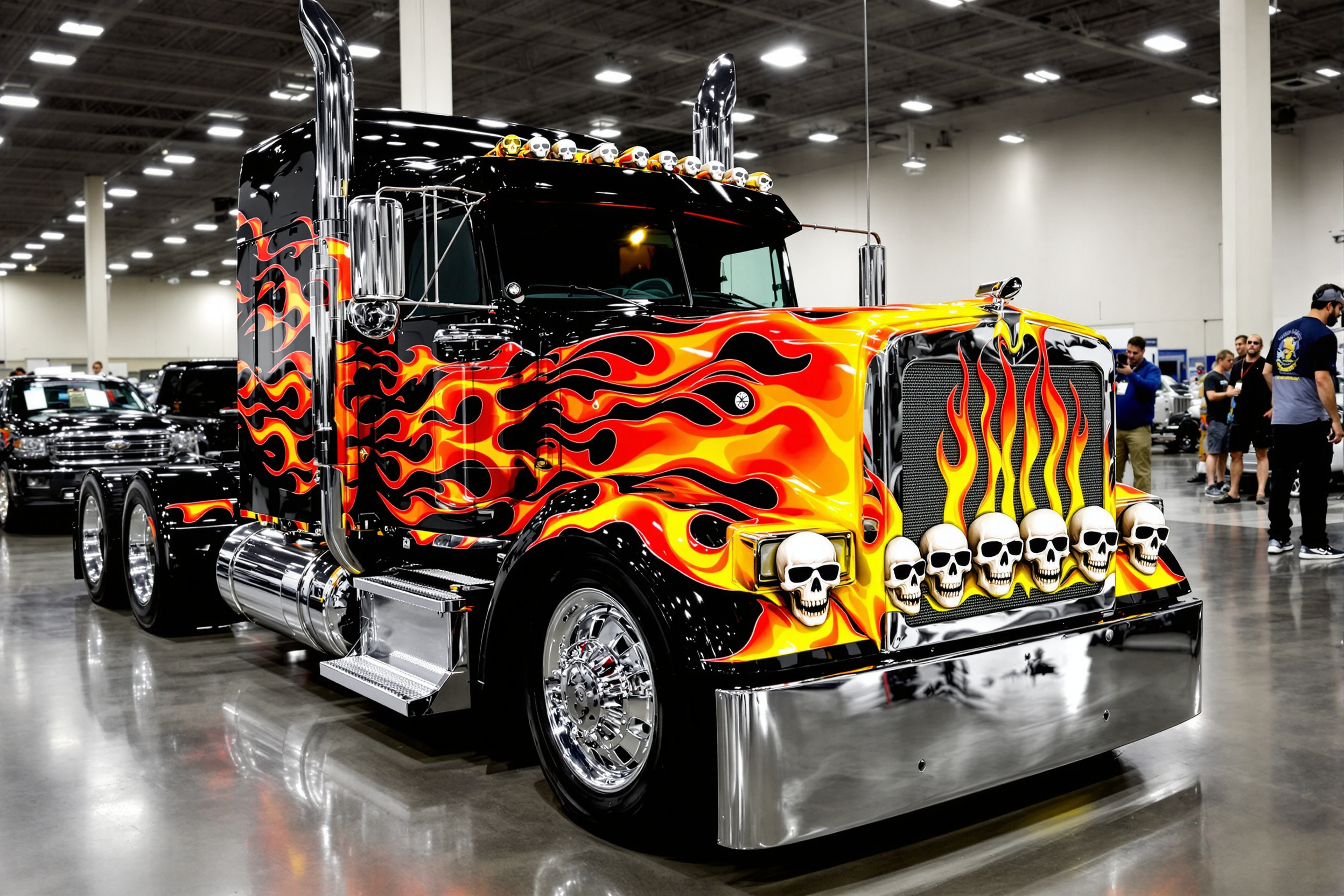 This image captures a striking and custompainted truck, which stands out with its bold flame design in a gradient of fiery hues ranging from a deep orange to a bright yellow, with touches of red, creating a sense of movement and intensity. The trucks body is painted in a glossy black finish that contrasts sharply with the flame graphics, highlighting the detailed work.The trucks front grille is particularly noteworthy, featuring a row of five skulls in a horizontal line, each skull wearing a pair of sunglasses, which adds a quirky and edgy element to the vehicles menacing appearance. The skulls are white, providing a stark contrast to the black grille and the vibrant flames.The trucks chrome bumper and side steps add a touch of classic automotive elegance, complementing the overall aggressive design. The trucks wheels are not visible in the image, but we can infer that they are likely modern, chromefinished rims that would match the overall luxurious and customized aesthetic of the vehicle.The background of the image is a large indoor space, possibly a convention center or exhibition hall, with other vehicles parked in the distance. The lighting in the space is bright and even, casting a reflection on the polished surfaces of the truck and the shiny chrome details, enhancing the overall visual impact of the vehicle.The art style of the flame painting on the truck is reminiscent of pinstriping, with fluid and dynamic lines that suggest movement and energy. The medium appears to be a highquality paint, likely used for automotive painting due to its durability and glossy finish.Overall, the image exudes a sense of power and rebellion, with a blend of classic automotive design and modern customization. The truck is a showcase piece, likely designed for enthusiasts and collectors who appreciate the fusion of art and automotive engineering.