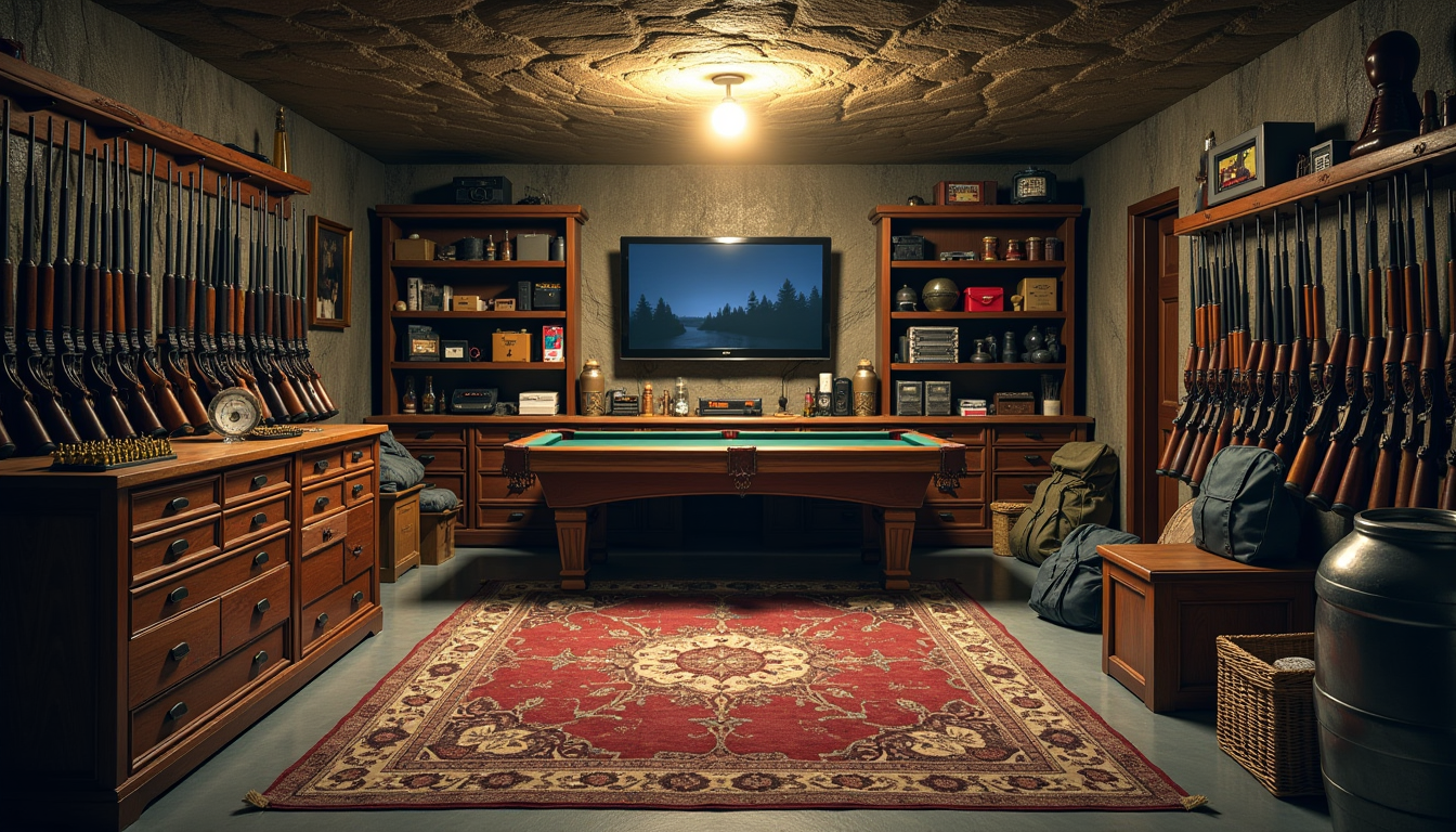 This image depicts a dimly lit, man cave room with a rugged, stone ceiling and walls. Wide screen TV, pool table, keg of Whiskey, The room is filled with an extensive collection of various items, creating a cluttered and somewhat chaotic atmosphere. The lighting is subdued, with a single overhead bulb casting a warm, yellowish glow that highlights the textures and shadows within the space.The art style of the image is reminiscent of a still life or a documentary photograph, capturing a moment in time with a focus on the details and arrangement of objects. The medium appears to be a digital photograph, given the clarity and sharpness of the image.The colors in the image are muted and earthy, with browns, grays, and blacks dominating the palette. There are subtle hints of other colors, such as the golden hue of ammunition on the shelves and the red accents on some of the objects. The rug in the center of the room adds a touch of warmth with its patterned design, featuring shades of red, beige, and brown.The objects in the image are numerous and varied, creating a sense of depth and complexity. On the left side, there are wooden shelves lined with an assortment of rifles, shotguns, and handguns, each secured with a cable lock. Below the shelves, there are drawers filled with what appears to be ammunition and other small items.In the center of the room, there is a wooden table surrounded by various pieces of equipment and tools, including a radio, binoculars, a flashlight, and what seems to be a first aid kit. There are also several backpacks and a sleeping bag, suggesting the room might be used for outdoor activities or emergency preparedness.On the right side, there are more shelves filled with additional rifles, shotguns, and handguns, as well as boxes and containers that could hold ammunition or other supplies. There is also a wicker basket, possibly for organizing smaller items.Overall, the image conveys a sense of a personal collection or a storage space that has been accumulated over time, reflecting a passion for firearms, outdoor activities, or emergency preparedness. The careful arrangement of objects and the subdued lighting contribute to the atmosphere of mystery and intrigue.