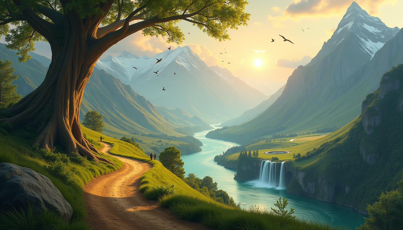 Two contrasting landscapes, divided by a colossal tree trunk, meet in a breathtaking vista.  A winding, golden path through a verdant valley with rugged, earth-toned hills,  a majestic snow-capped mountain range, and a tranquil river.  A warm, golden sunrise illuminates the scene with subtle hues of orange and yellow.  Birds soar amidst the tranquil atmosphere, a realistic and dynamic portrayal of flight.  The style is fantasy-inspired, blending naturalism with a sense of wonder.  A group of people are shown on the path in the foreground, adding a subtle human element.  The second, vibrant landscape showcases lush greenery and cascading waterfalls, flowing turquoise water, and a half-ruined structure amidst flourishing vegetation. A cool, soft-blue sky complements the verdant valleys and misty atmosphere, creating a sense of serenity and harmony.  The lighting is soft yet highly detailed, with realistic shadows and highlights.  A dramatic perspective emphasizes depth of field and the grandeur of the scene.  A wide-angle view creates a panorama that visually unites nature and human elements with a magical aesthetic.  The color palette is rich and varied, evoking a sense of tranquility and beauty.  The overall mood is peaceful, inspiring, and awe-inspiring, creating a visually captivating image with contrasting yet complementary elements.  Detailed textures are employed to convey the feel of natural elements.