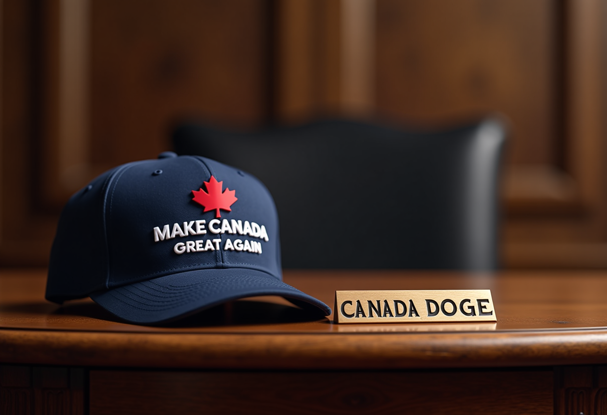 Create a image of a oak desk in a round office, on the corner of the desk a oak wood brass name that reads "CANADA D.O.G.E." and a navy blue hat with the words "MAKE CANADA GREAT AGAIN" above the text a red maple leaf 🍁 facing viewer 