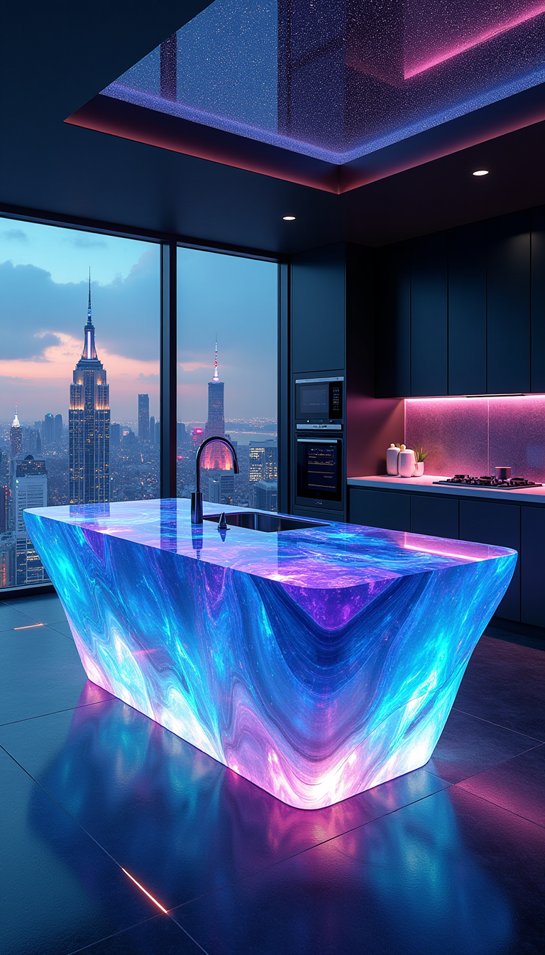 Create a high-tech, futuristic kitchen set in a sleek skyscraper penthouse overlooking a neon-lit cyberpunk city skyline at night. The focal point is an extravagant kitchen island crafted from an otherworldly, semi-transparent opal-like crystal with deep blue, purple, and turquoise hues. The island has an organically flowing shape, with smooth curves and a glass-like surface that reflects ambient lighting. Its base is internally illuminated, pulsing with soft, radiant neon blues and purples, resembling bioluminescence.

The kitchen is designed with cutting-edge technology, featuring matte black and metallic gunmetal cabinetry with touch-activated panels. A holographic smart interface is embedded into the countertop for cooking controls. The backsplash is a seamless sheet of glowing nano-glass, shifting colors with touch. The floor is polished obsidian stone with LED-lit pathways. Floor-to-ceiling windows wrap around the space, offering a breathtaking aerial view of a futuristic metropolis with flying vehicles and glowing billboards. The ceiling features a dynamic fiber-optic starry effect, completing the ultra-modern, high-end aesthetic.

