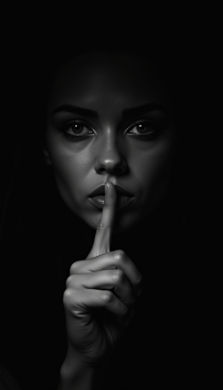 This photograph is a striking black-and-white portrait that creates a mysterious atmosphere. The main subject is a woman's face, partially hidden in darkness. The only clearly visible side of her face is illuminated by soft light, highlighting her cheek, lips, and eye.

The woman holds the tip of her index finger against the center of her lips—a classic "silence" gesture, often symbolizing secrecy, mystery, or a call for quietness. Her gaze appears intense, deep, almost hypnotic, as if she is observing or hiding something.

The strong contrast between light and shadow adds drama and artistic depth. The background is completely black, creating a sense of isolation and mystery. This visual choice directs the viewer’s attention solely to the woman’s face and her gesture.

The overall atmosphere of the image is enigmatic, perhaps even slightly provocative, leaving plenty of room for interpretation.
​​


