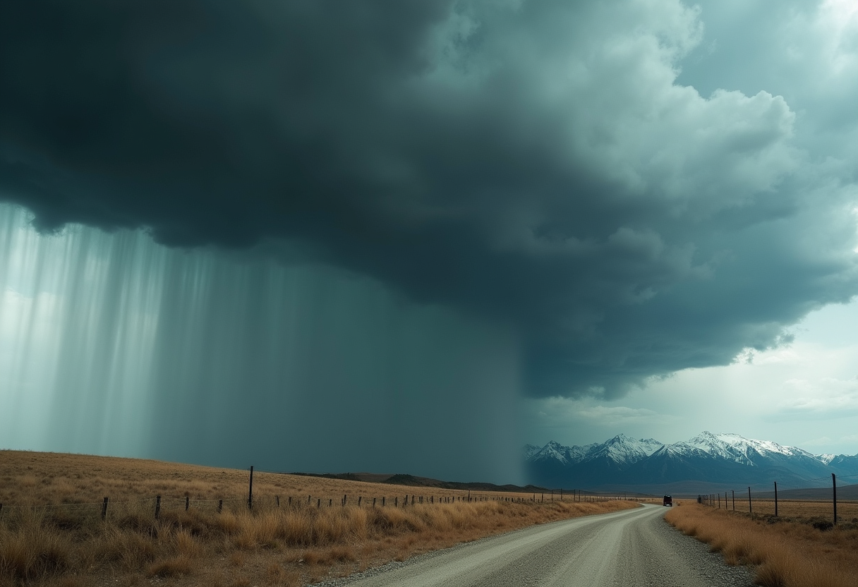 Create an expressionistic, realistic photograph of an imposing supercell. Beneath this ominous cloud, heavy rainfall appears to shroud the landscape, creating an atmospheric and dramatic effect. On the left side of the frame, a winding dirt road stretches toward the horizon, bordered by a fence and dry grassy terrain. The road seems to lead toward a distant range of mountains, capped with gleaming white snow.