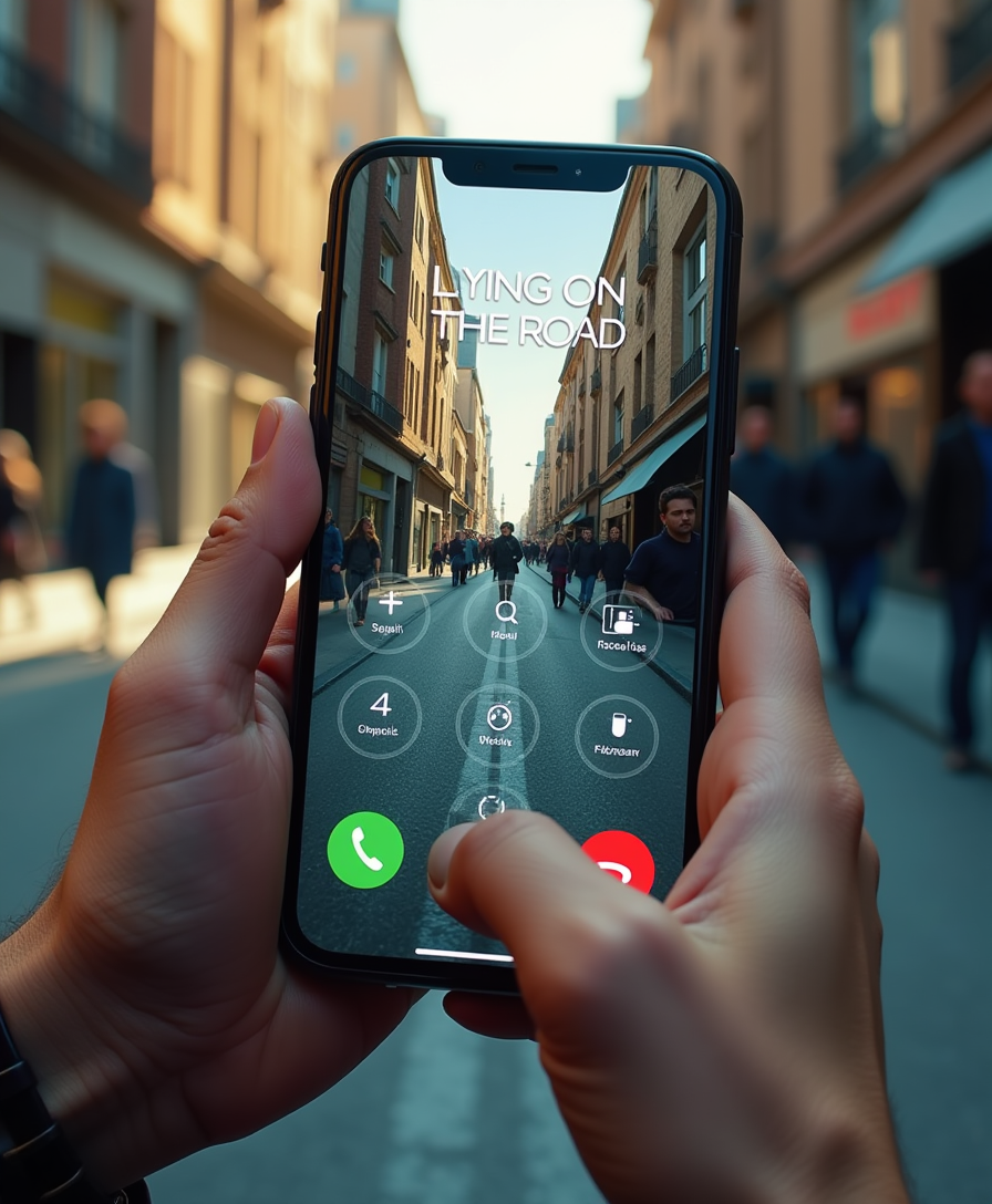 A smartphone displaying a city street scene with people walking and cars driving.  Hands are holding the phone, and a finger is pressing the dial pad.  The phone interface has a futuristic, glowing dial pad. The street shows buildings with shops and people.  The scene appears to be a city street during daytime with sunlight.  The perspective is from a slightly elevated viewpoint looking down at the street through the phone screen.  The color palette is a realistic representation of daylight, with warm tones on the buildings and cool tones on the street.  The image style is photorealistic, with realistic human figures in the scene.  The text "LYING ON THE ROAD" is prominently displayed in the lower middle section.  The overall tone is dramatic and potentially related to a story about cats or animals.
