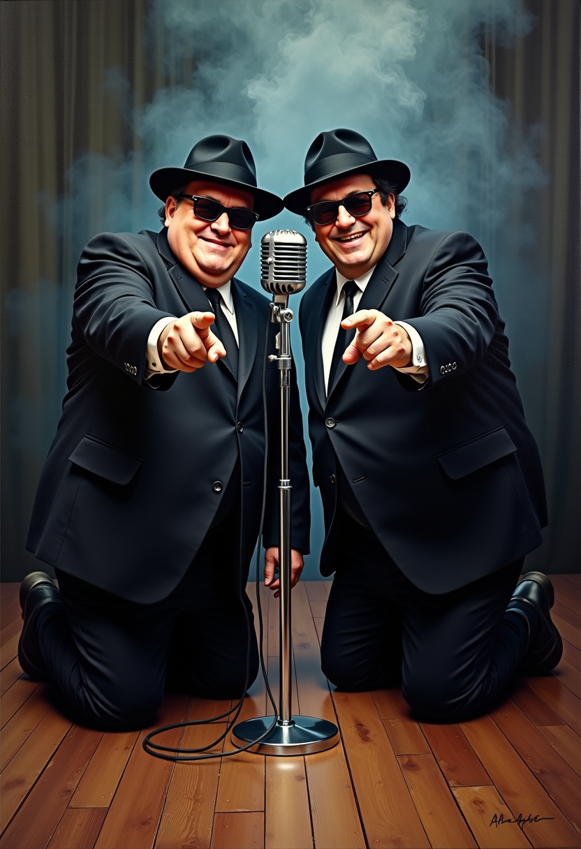 oil painting in the poster style of the 80s: Two guys: like from the movie "Blues Brothers" - one fat, the other thin in black suits, hats and sunglasses with distinct faces - kneeling on the sides of a classic microphone, pointing with a smile straight at the viewer. The background is shrouded in stage smoke, the floor is old and wooden - detailed. The style is ultra-precise, like a retro oil poster - full of ease, rhythm and humor. As if they were about to shout: Showtime!