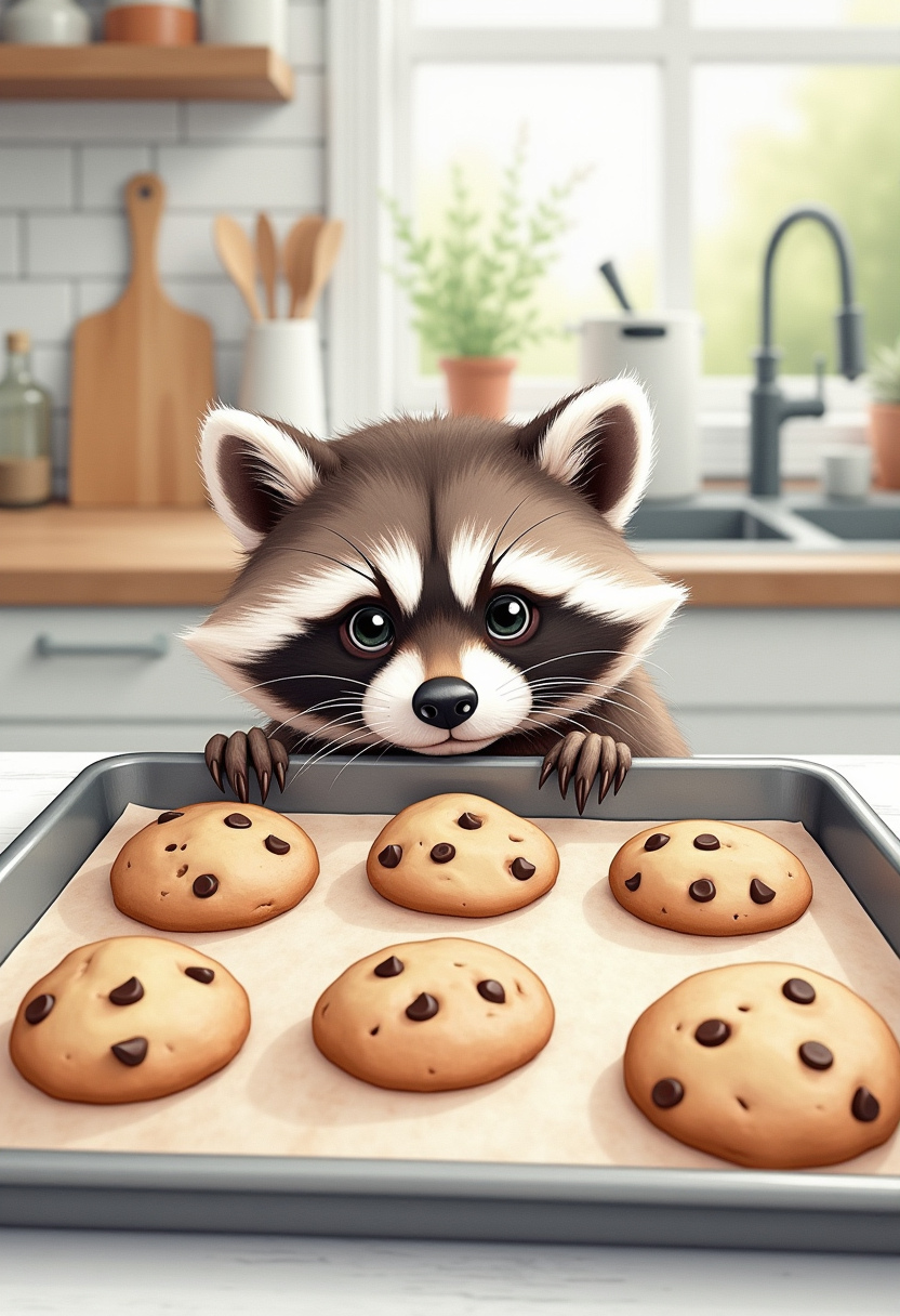 
realistic watercolor oil whimsical illustration. Close-up of a baking sheet with eight freshly baked chocolate chip cookies on it sitting on the edge of a white counter. peeking its head up, one paw on the baking sheet, is a raccoon facing directly at the viewer. straight on view of the character. muted blurred cute country kitchen bg.