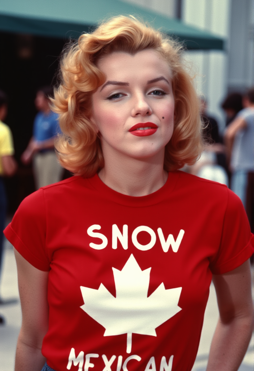 a photo of MONROE, beautiful woman wearing a red t-shirt with the words that read "SNOW MEXICAN" with a white maple leaf in the center