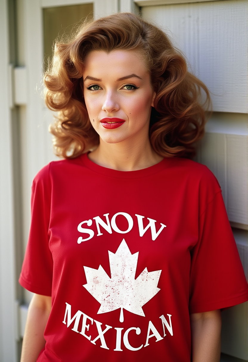 a photo of MONROE, beautiful woman wearing a red t-shirt with the words that read "SNOW MEXICAN" with a white maple leaf in the center