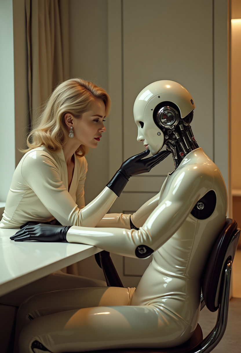 sitting at the table - sensual blonde from the 60s with a distinct face and wavy hair, in a shiny, white-beige-latex jumpsuit and black gloves tenderly touches a bald android with beautiful-masculine features and figure - sitting motionless on a chair. The shine of the outfit reflects soft light. The background is a retro-futuristic, minimalist bedroom with futuristic lines and subdued colors, creating an intimate atmosphere. 8k full hd.reto.