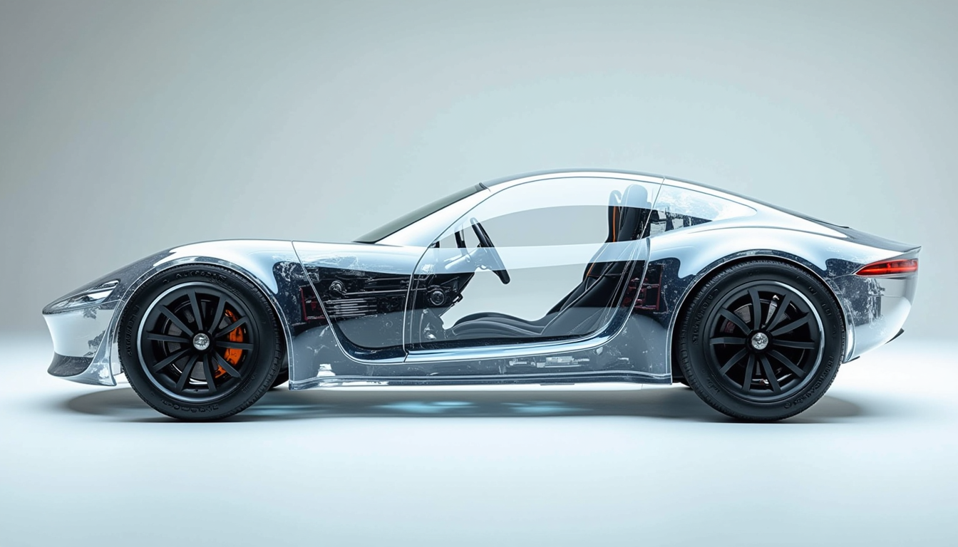 side view, plexiglass translucent futuristic car in a sharp studio, the body of the car is completely see-through soft aesthetic contrasting against the background, smooth curves and contours, deep textured off-road tires, soft studio lighting, high precision photography, blocks of text and layers of depth ordered neatly on the car, clean and sleek, accenting shadows, clear wiring and mechanical engineering contrasting inside the anatomy of the car