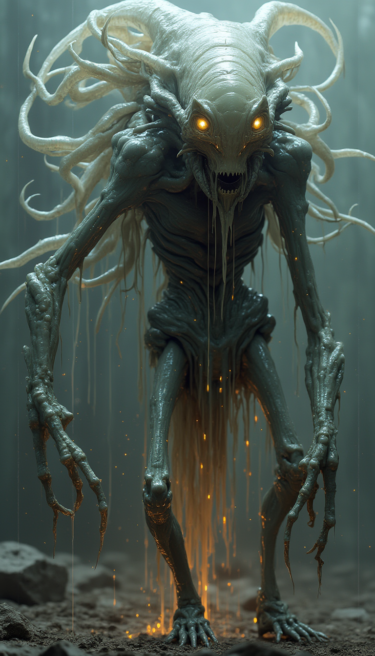 An extremely bizarre and otherworldly monster, its form defying conventional biology. Its face is an amalgamation of shifting, unrecognizable features—constantly morphing, as if reality itself struggles to define its existence. Its skin is a pulsating, translucent membrane, revealing glimpses of writhing tendrils and shifting bones beneath.Multiple asymmetrical appendages extend from its grotesque body, some resembling jagged insect-like limbs, while others ooze and twist like amorphous, liquid flesh. Its eyes—if they can be called that—appear and vanish unpredictably, glowing with an unsettling, alien light. Strange, bioluminescent patterns flicker across its surface, pulsating in an erratic rhythm, as if transmitting an incomprehensible message.The creature exists in a state of flux, partially phasing between dimensions, its outline distorting and glitching like a corrupted digital entity. It radiates an aura of pure, incomprehensible horror, evoking a primal fear of the unknown.