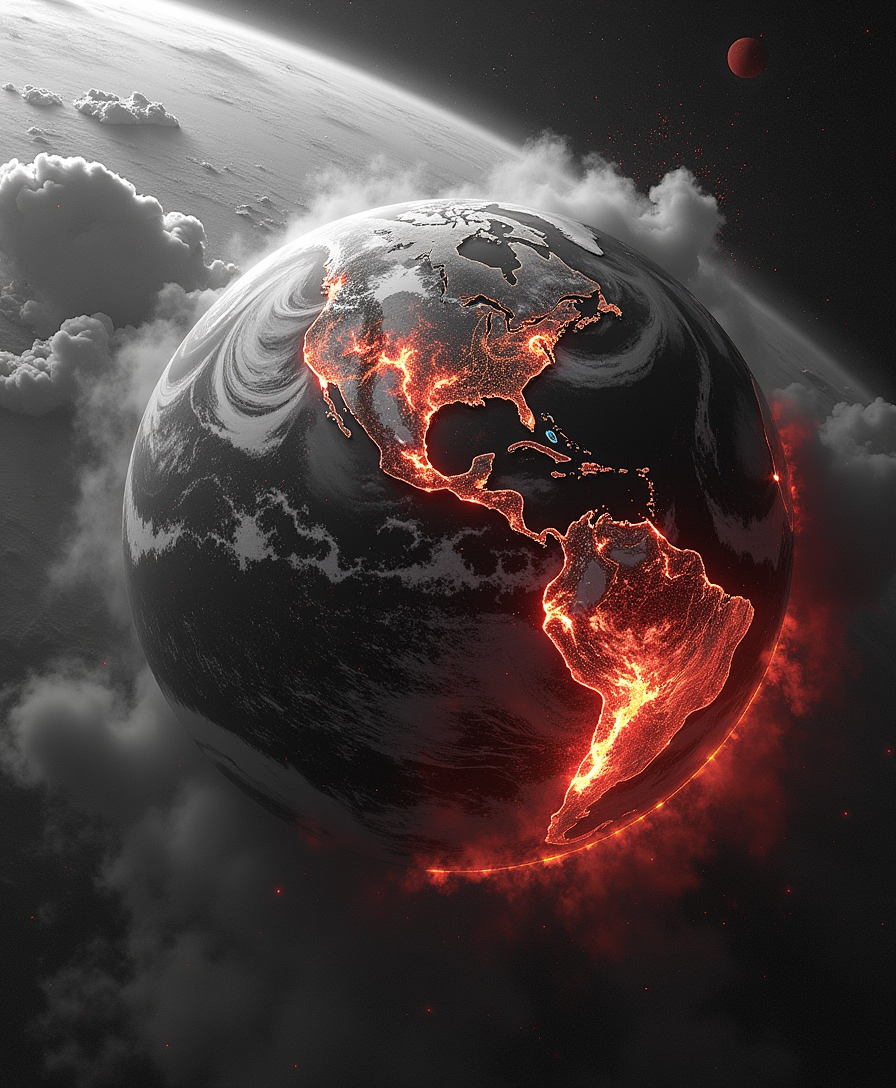 black and white A stunning view of Earth from space in its primordial state, a chaotic, lifeless world consumed by fire and destruction. The surface is covered with huge volcanoes that erupt violently and rivers of molten lava carve out the cracked, arid earth. Thick clouds of ash and smoke rise into the atmosphere, partially obscuring the planet. Intense red and orange glows contrast with the darkness of space, emphasizing the raw, untamed power of the early Earth. The scene is drawn in an epic manga style, with dramatic shading, high contrast and glowing effects, similar to iconic moments from shows like Berserk or One Punch Man in black and white.