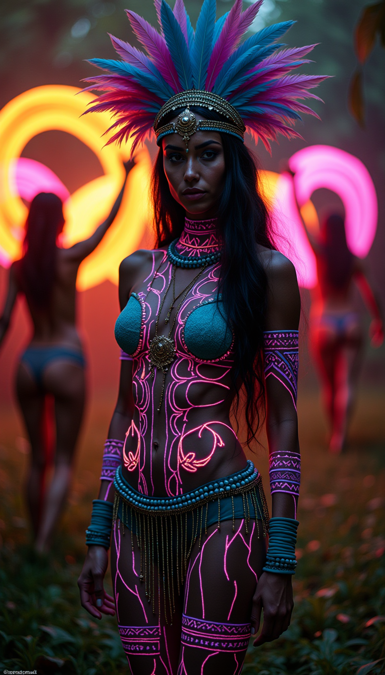 A fantasy woman stands in the heart of a hidden jungle festival, her body adorned with vibrant geometric UV-reactive patterns that pulse with the rhythm of the deep bass, creating an almost otherworldly effect. She wears an elaborate feathered headdress, its cascading beads shimmering under the flickering light of surrounding torches and LED strips woven into the lush foliage. Her intense, knowing gaze pierces through the electrified air, exuding an aura of mystery and allure, as if she holds the secrets of the jungle itself. Behind her, dancers twirl glowing ribbons, their silhouettes merging into the surreal energy of the festival, captured in hyper-realistic, action photography style that emphasizes the dynamic movement and vivid colors, resulting in an ultra-detailed, true-to-life composition that draws the viewer into this enchanting world.