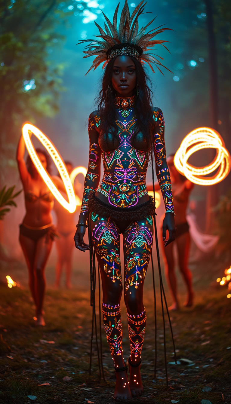 A fantasy woman stands in the heart of a hidden jungle festival, her body adorned with vibrant geometric UV-reactive patterns that pulse with the rhythm of the deep bass, creating an almost otherworldly effect. She wears an elaborate feathered headdress, its cascading beads shimmering under the flickering light of surrounding torches and LED strips woven into the lush foliage. Her intense, knowing gaze pierces through the electrified air, exuding an aura of mystery and allure, as if she holds the secrets of the jungle itself. Behind her, dancers twirl glowing ribbons, their silhouettes merging into the surreal energy of the festival, captured in hyper-realistic, action photography style that emphasizes the dynamic movement and vivid colors, resulting in an ultra-detailed, true-to-life composition that draws the viewer into this enchanting world.