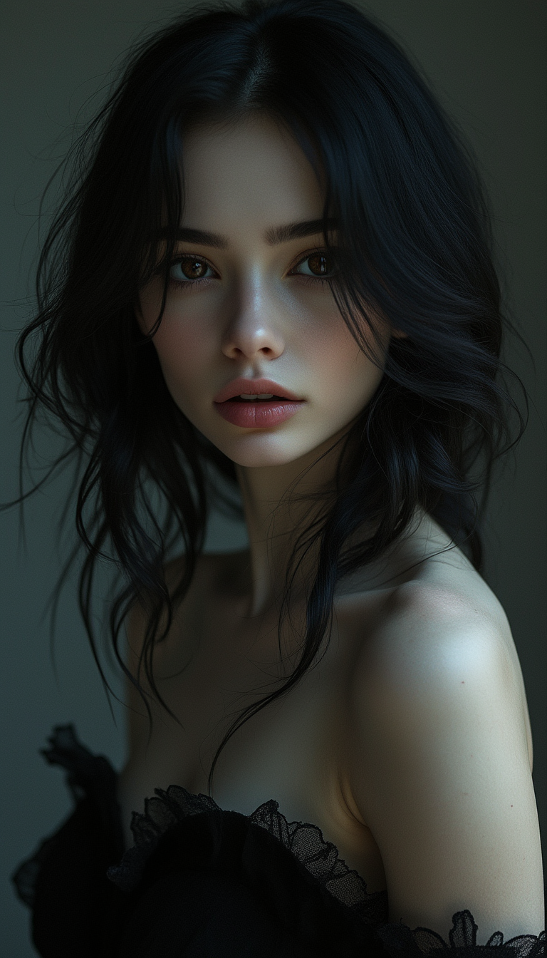 The image is a photorealistic portrait of a stunning young woman, characterized by her porcelain-white skin and deep, jet-black hair that cascades elegantly around her shoulders. Her captivating dark eyes are framed by long, thick lashes, drawing the viewer's attention and enhancing her enigmatic expression. She wears an elegant black dress that creates a striking contrast against her fair complexion, accentuating her refined elegance. The composition features a moody, atmospheric background, possibly dimly lit with soft shadows that envelop her, further enhancing her mysterious and sophisticated aura. Natural lighting delicately highlights the contours of her face, emphasizing her striking beauty and adding depth to the overall visual, creating a compelling and evocative portrait that captivates the viewer.