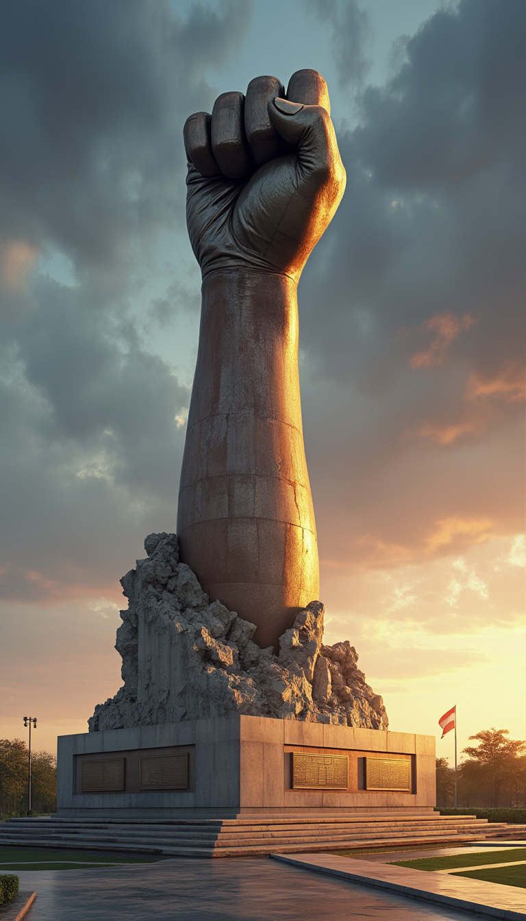 A hyper-realistic, hyper-detailed illustration of the Kuwait City Martyr Monument, centered around a massive, raised fist gripping a broken pylon, symbolizing ‘Power & Time.’ The fist is made of rough, textured bronze or stone, its clenched fingers exuding a sense of immense strength and defiance, as though it has withstood the test of time and hardship. The fist is positioned high above the ground, its powerful grip on the shattered, jagged pylon symbolizing the destruction of oppression and the triumphant resilience of the people of Kuwait.
The surface of the fist and pylon shows signs of wear and age, giving it a timeless feel, as though it has endured for centuries, embodying the power of history.
The base of the monument rests on a wide, circular pedestal, made from polished stone or concrete, engraved with commemorative plaques that honor the sacrifices made during the Gulf War. Around the base, neatly arranged pathways lead to the monument, with lush greenery surrounding the structure, creating a contrast between nature’s calm and the monument’s strong, defiant form.
Above the monument, the sky is filled with dramatic, shifting light, with warm golden sunset hues and soft, overcast twilight blues symbolizing the unbroken flow of time. The light catches the surfaces of the fist and the pylon, casting powerful shadows and creating a sense of movement, as though the monument is eternally in the process of standing tall against time’s passing.