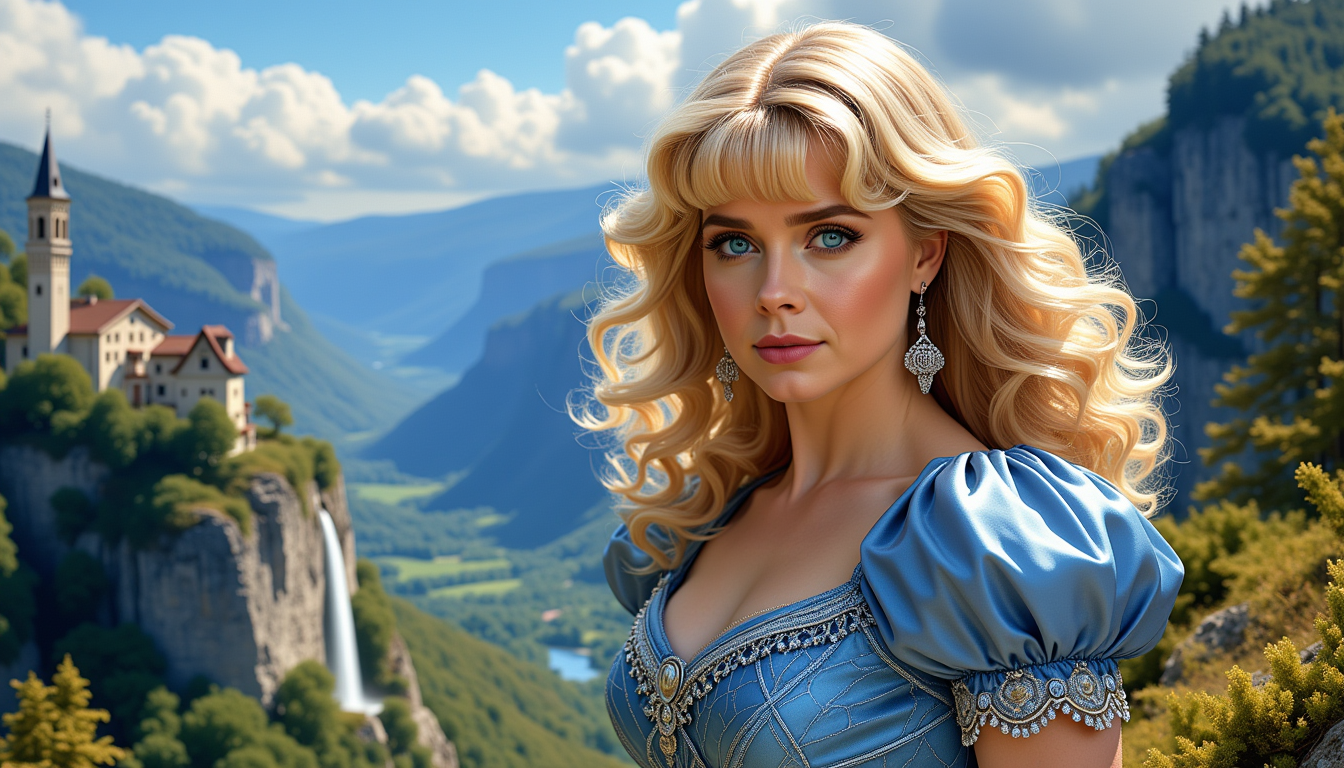 Amy-LoRA-Zip, Belinda Light, a beautiful woman looking at you, big breasts, voluminous shoulder length long platinblonde layered curly hair with line bangs in the style of 1980s, detailed beauty face, an exciting blue and silver dress with puff sleeves, an wonderful landscape on a cliff in Switzerland with waterfall on a rocks and a Village as backdrop, Artgerm and Rubens painting style, 16k, Disney characters are always a rewarding subject