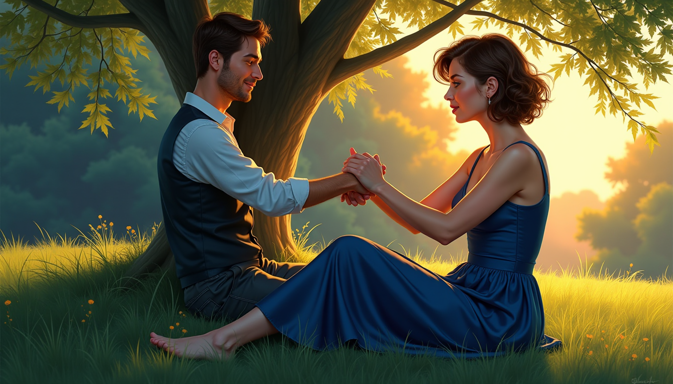 Create an illustration in the style of Artgerm and Peter Paul Rubens, depicting a 40-year-old woman named Julia. She has short, wavy brown hair with light reflecting off the strands, and her eyes are clear and detailed, reflecting a depth of emotion. Julia is seated on lush, dew-kissed grass, her feet firmly planted, connecting her to the earth. She wears an indigo silk cocktail dress that seems to merge with the indigo hues of the surrounding twilight, creating a seamless blend of figure and environment. Her tactile connection with Stephan's hands is palpable, their fingers interlocked, conveying a sense of unity and shared experience. 

The scene is set in a serene garden where a majestic maple tree stands, its branches flickering with the gentle movement of leaves, as if in a dance with the wind. Diffuse, golden light filters through the branches, casting soft, dappled shadows that enhance the ethereal quality of the moment. The atmosphere is charged with euphoria; laughter and tears mingle, creating an emotional tapestry of joy and sorrow, reflecting the intensity of the connection Julia feels to everything around her.

The composition should emphasize Julia as the focal point, with Stephan slightly behind her, their intertwined hands leading the viewer's eye from Julia to the tree and back, creating a circular flow of connection. Use a chiaroscuro technique to highlight the emotional intensity, with the light source coming from the setting sun, casting long shadows and creating a dramatic contrast between light and dark. Employ a vibrant color palette with rich indigo and gold tones, reminiscent of Rubens' use of color to convey emotion, while incorporating Artgerm's detailed, almost photographic realism in the rendering of Julia's features.