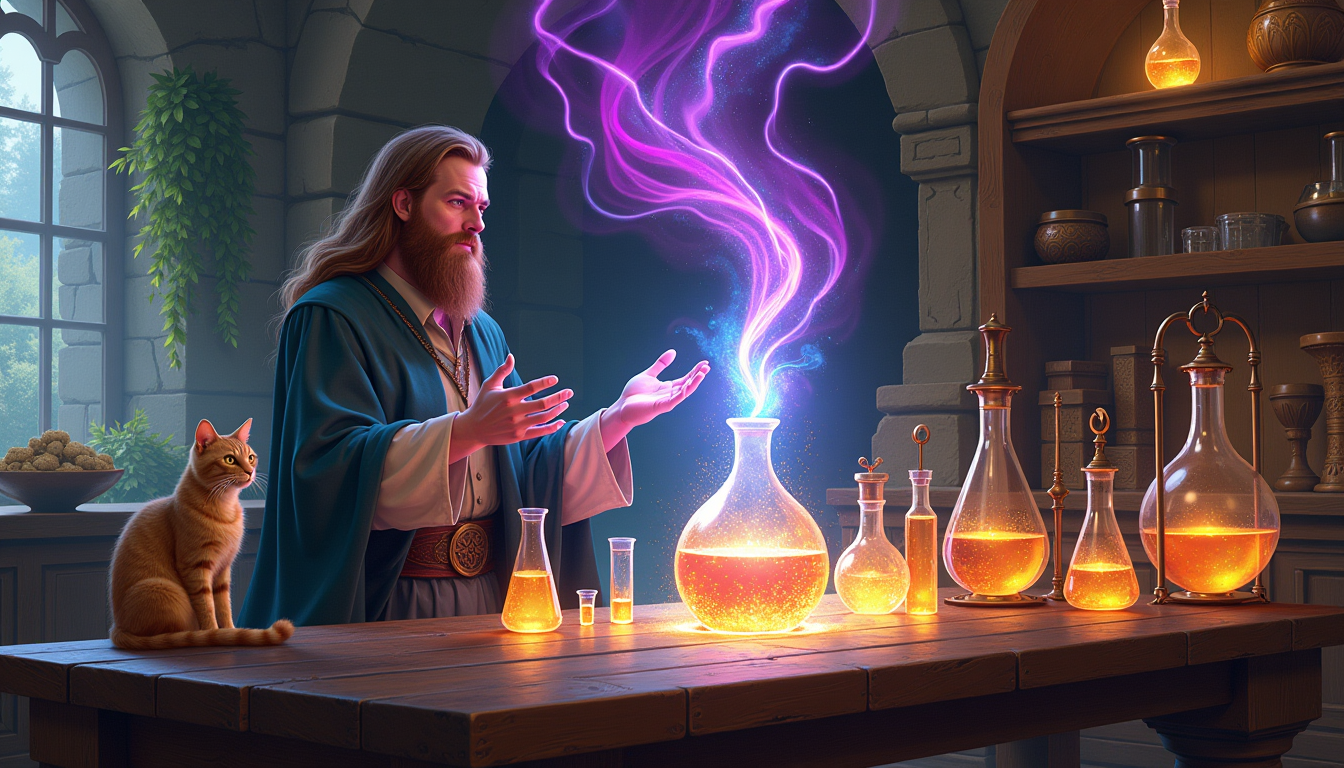A majestic fantasy laboratory, **Sam Timeless the Sorcerer** stands with **long, cascading brown hair** framing a face of concentration, his **eyes focused on the magic** he conjures. Beside him, a **curious cat** with eyes like polished amber, watches intently. 

**Magical Effects**: From Sam's hands, **vibrant streams of energy** in hues of deep purple, electric blue, and shimmering gold radiate outward, illuminating the room with a soft, ethereal glow. These spells **swirl and dance**, interacting with the **alchemical apparatus** spread across a **grand, ancient wooden table** - flasks, alembics, and retorts filled with bubbling, glowing concoctions.

**Setting**: The laboratory is **rich with textures** - stone walls carved with ancient runes, shelves filled with dusty tomes and exotic ingredients, and the air thick with the scent of herbs and the faint hum of magic. 

**Artistic Style**: The scene is painted in a **digital painting style**, blending the **hyper-realistic detail and vibrant color palette of Artgerm** with the **luminous skin tones and dynamic movement of Rubens**, creating a spellbinding fusion of fantasy and classical art. 

**Composition**: Sam is positioned to the left, his figure slightly turned, allowing the viewer to see the spell in motion. The cat is to his right, adding a touch of warmth and life to the scene. The table stretches diagonally across the canvas, guiding the eye through the intricate details of the magical setup. 

**Lighting and Atmosphere**: The room is bathed in the **warm, diffused light** from the spell, casting soft shadows and highlighting the textures of the surroundings. The atmosphere is one of **quiet intensity**, the calm before a magical crescendo, with the time of day ambiguous, suggesting the timeless nature of the sorcerer's work.

**Technical Aspects**: The image is rendered in **8K resolution**, ensuring every detail from the fine hairs of Sam's beard to the intricate engravings on the glassware is captured with **high fidelity**, giving the artwork a **cinematic, spellbinding quality**.