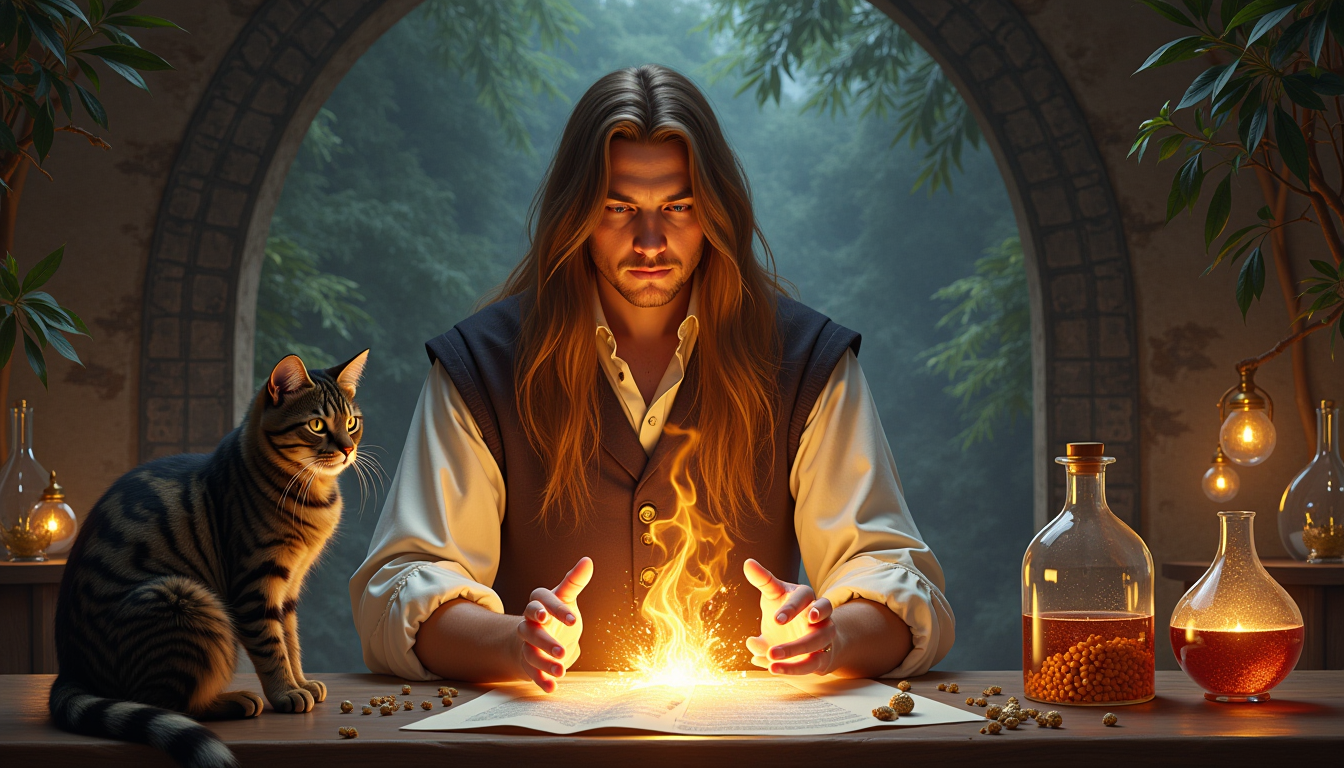 Sam Timeless the Sorcerer, brown hair cascading long, conjures a spell, face visible, beside a cat, Fantasy laboratory setting, magical effects radiate from hands, alchemical apparatus spread across grand table, Artgerm meets Rubens in style, 8K resolution, spellbinding magical effects, digital painting.
