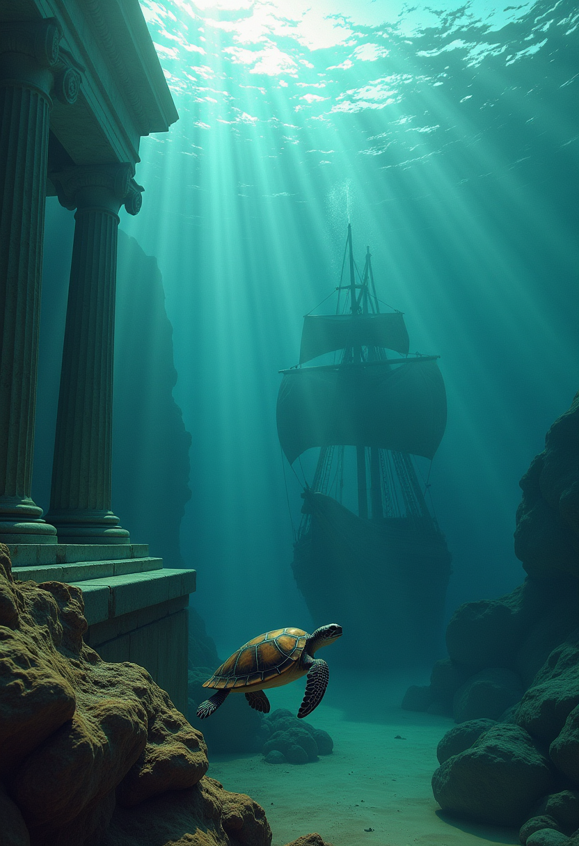 small turtle swimming, environment under water, Greek columns of woman sculpture,  destroyed galleon ship, water falls above the water hyper-realistic, image still, detail materials