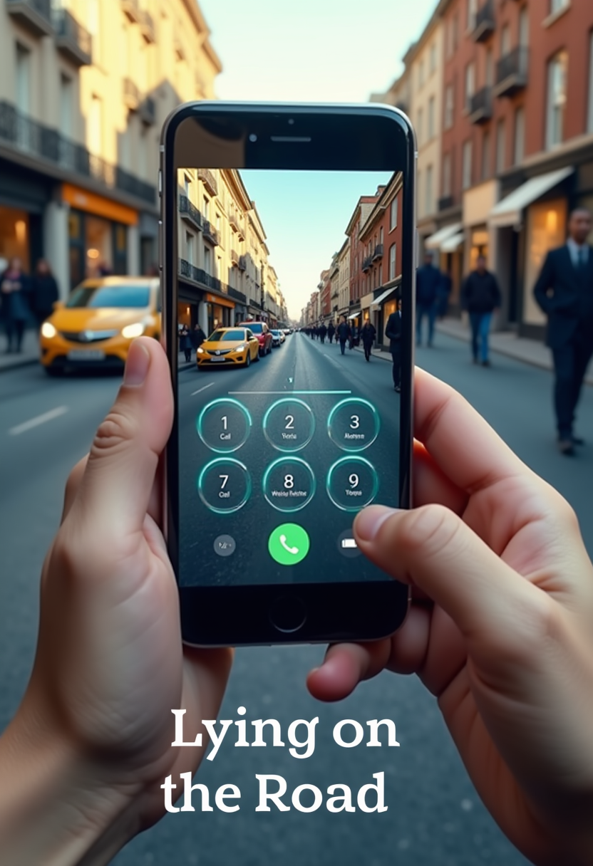 A smartphone displaying a city street scene with people walking and cars driving.  Hands are holding the phone, and a finger is pressing the dial pad.  The phone interface has a futuristic, glowing dial pad. The street shows buildings with shops and people.  The scene appears to be a city street during daytime with sunlight.  The perspective is from a slightly elevated viewpoint looking down at the street through the phone screen.  The color palette is a realistic representation of daylight, with warm tones on the buildings and cool tones on the street.  The image style is photorealistic, with realistic human figures in the scene.  The text "LYING ON THE ROAD" is prominently displayed in the lower middle section.  The overall tone is dramatic and potentially related to a story about cats or animals.
