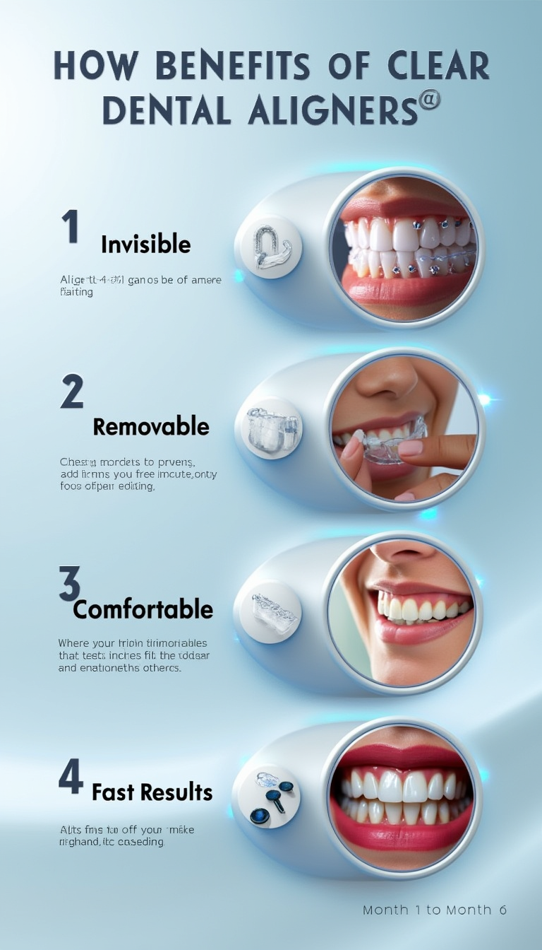 A sleek, modern infographic with a clean white-to-light-blue gradient background, designed to showcase the four key benefits of clear dental aligners. The layout is minimalistic and futuristic, with four visually distinct sections, each featuring a 3D-rendered icon and a realistic illustration:

1️⃣ Invisible – A transparent aligner placed over a set of teeth, blending seamlessly. A soft light reflection highlights its clarity.
2️⃣ Removable – A person gently taking off the aligner before eating, emphasizing flexibility and convenience. The background subtly fades to focus on the aligner.
3️⃣ Comfortable – A close-up 3D render of the aligner’s soft, smooth edges, with a glowing effect highlighting its snug and irritation-free fit.
4️⃣ Fast Results – A side-by-side before-and-after visual of teeth, with a subtle timeline (‘Month 1 to Month 6’) to illustrate gradual improvement.*