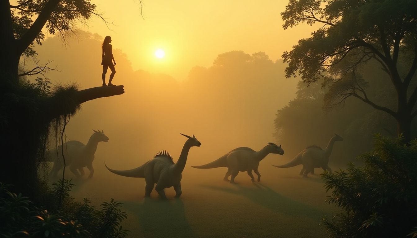 cinematic photo, jungle woman on a high branch at sunrise, mist swirling around her. Below, several massive, unclassified dinosaur-like creatures wander through the fog—some with long necks, some with horns, others unknown, partially obscured by trees. The creatures appear ancient but strange, as if evolved separately from known history. Dreamlike lighting, golden mist, deep shadows, 16K, surreal but realistic tone.