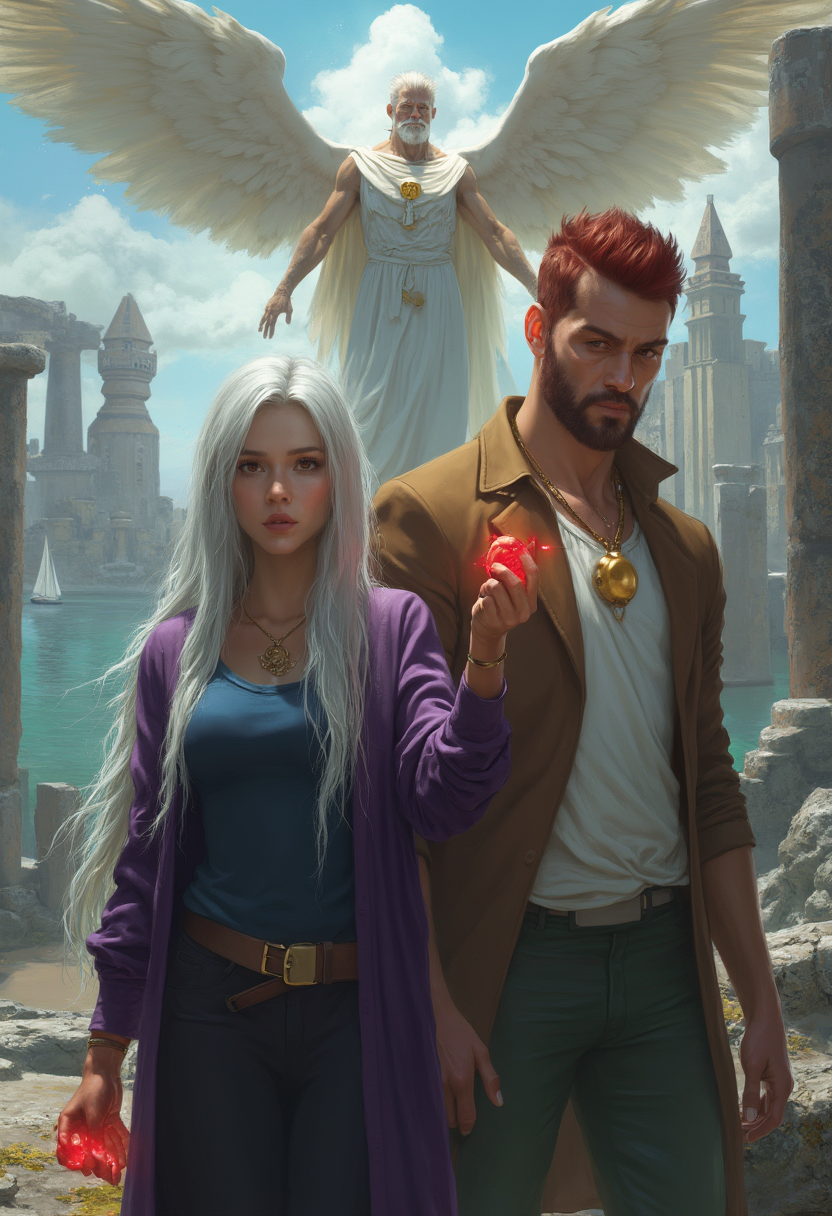 photorealistic, ultra high detail, lifelike, a photograph, photo realistic. in the foreground, there are two main characters. On the left, there's a female character with long, straight, icy white hair and a determined expression. Shes wearing a dark blue top with a purple cardigan over it, and her right hand is raised, holding a glowing red orb. Her attire suggests a blend of practicality and style.On the right, theres a male character with short, spiky red hair and a beard. Hes wearing a casual outfit consisting of a white tshirt, a brown blazer, and green pants. Around his neck is a pendant, which seems to be a significant item, given its prominence. His stance is relaxed yet confident, with one hand on his hip and the other hanging loosely at his side.Behind the characters, theres a figure with wings, draped in a flowing white garment. The wings are large and feathered, and the figure has a muscular build, with a golden disc on its chest. This figure exudes a sense of power and benevolence, and it seems to be floating effortlessly in the air.The background of the image is a blend of natural and manmade elements. There are ancient ruins, which could suggest a setting steeped in history or fantasy. The ruins are partially submerged in water, indicating that they might be underwater or near a coastline. In the distance, theres a sailboat, which adds to the maritime theme of the scene.Overall, the image is rich in detail, from the characters expressions and clothing to the intricate background elements. The use of color and composition creates a sense of depth and movement, drawing the viewer into the scene and inviting them to explore the story it might tell.
