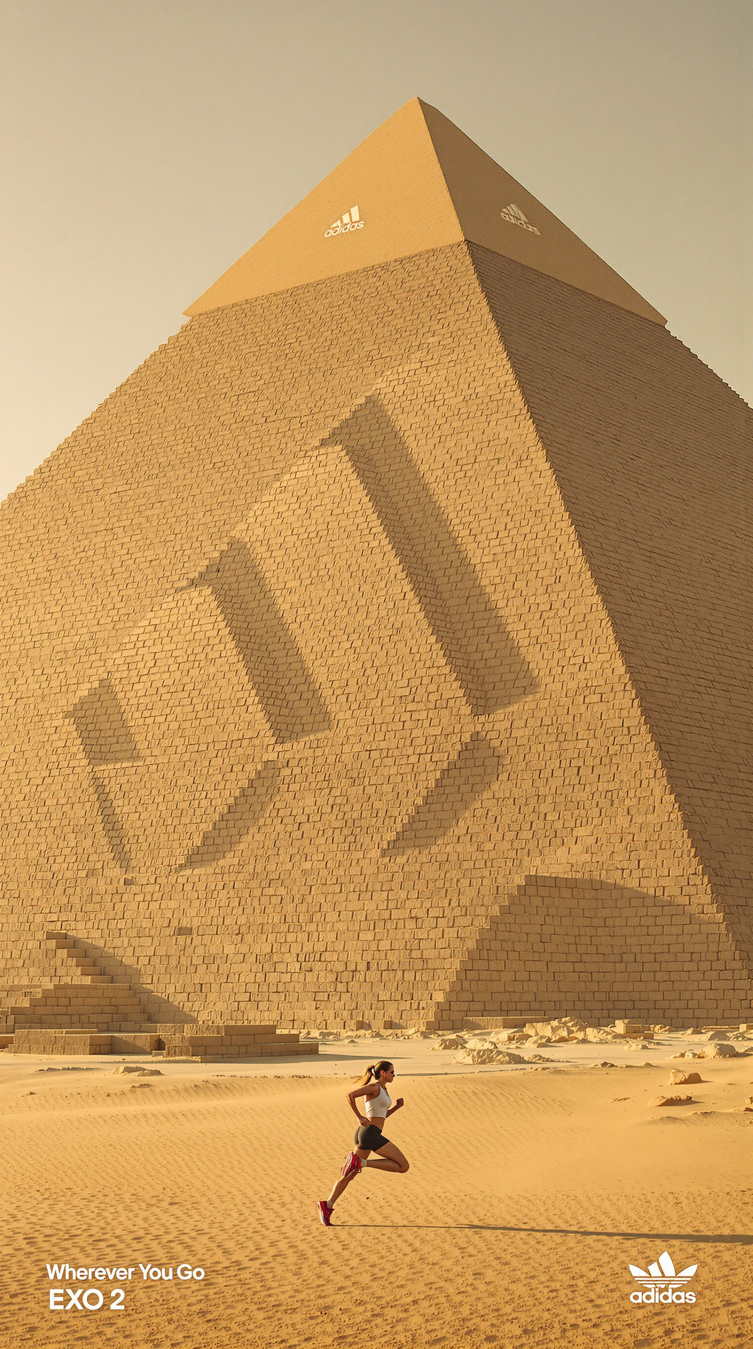 Ultra-realistic image for an Adidas ad campaign titled 'Wherever You Go'. A female runner is captured mid-stride, running laterally in the foreground, wearing Adidas performance gear with the Adidas logo visible on her outfit. Behind her stands a massive stylized pyramid in the Egyptian desert. The pyramid retains its realistic sandy stone texture and ancient look, but its structure is creatively reimagined to resemble the Adidas three-stripe logo: three distinct diagonal triangular segments, ascending from left to right. The segments are clearly separated, with visible gaps between them, forming a sculptural, logo-inspired shape — without any vector branding applied directly to the pyramid itself. The camera angle is slightly low and off-center, enhancing the depth and showing the spaces between the segments clearly. The desert is lit by warm, golden hour sunlight, casting long shadows and adding cinematic realism. The slogan 'Wherever You Go' appears subtly in the composition, reinforcing Adidas’ message of global movement, identity, and performance. font type: EXO 2 bold italic