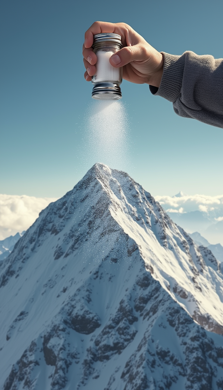 This is a surrealistic composite image with a creative and humorous twist. In the image, a human hand is holding a salt shaker and spreading salt. However, this action is not taking place in the kitchen, but rather in the sky at the top of a snowy mountain - it looks as if they are dusting the top of the mountain with snow powder to artificially “create” the effect of snow on the peak.