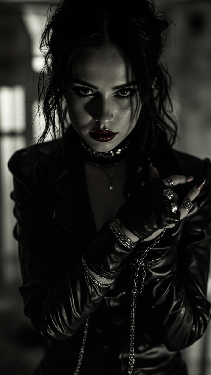 Centered, Noir poster, full body shot from head to toe of stunning escort girl in a leather outfit, gothic punk, Chiaroscuro, nearly black and white with red lips, Gothic fantasy, rings, bracelets, necklaces, chains, massive jewelry, leather outfit, an image in the artistic style of Frank Miller and Robert Rodriguez, professional photography, magnificent, alluring and attractive image, a combination of dark fantasies and gangsters, long loose hair, UHD, perfect body and eyes, wide-open pupils, sharp gaze, dark lips, light teasing smile, perfect, strict, flawless face, makeup, gloomy fantasy, overly detailed. , centered, wide angle lens, panoramic,