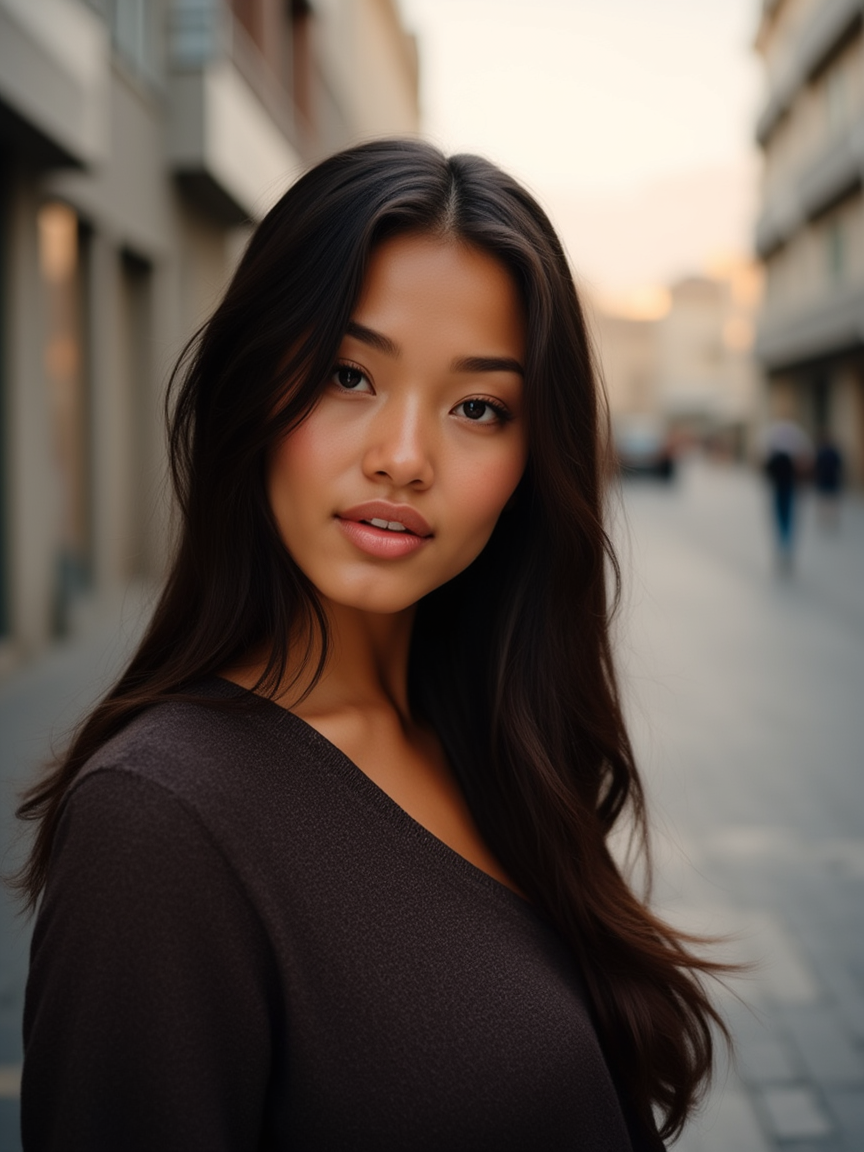 a side profile Portrait of a person with realistic details, cinematic lighting, professional photography, 4K, high quality walking in a city in Portugal