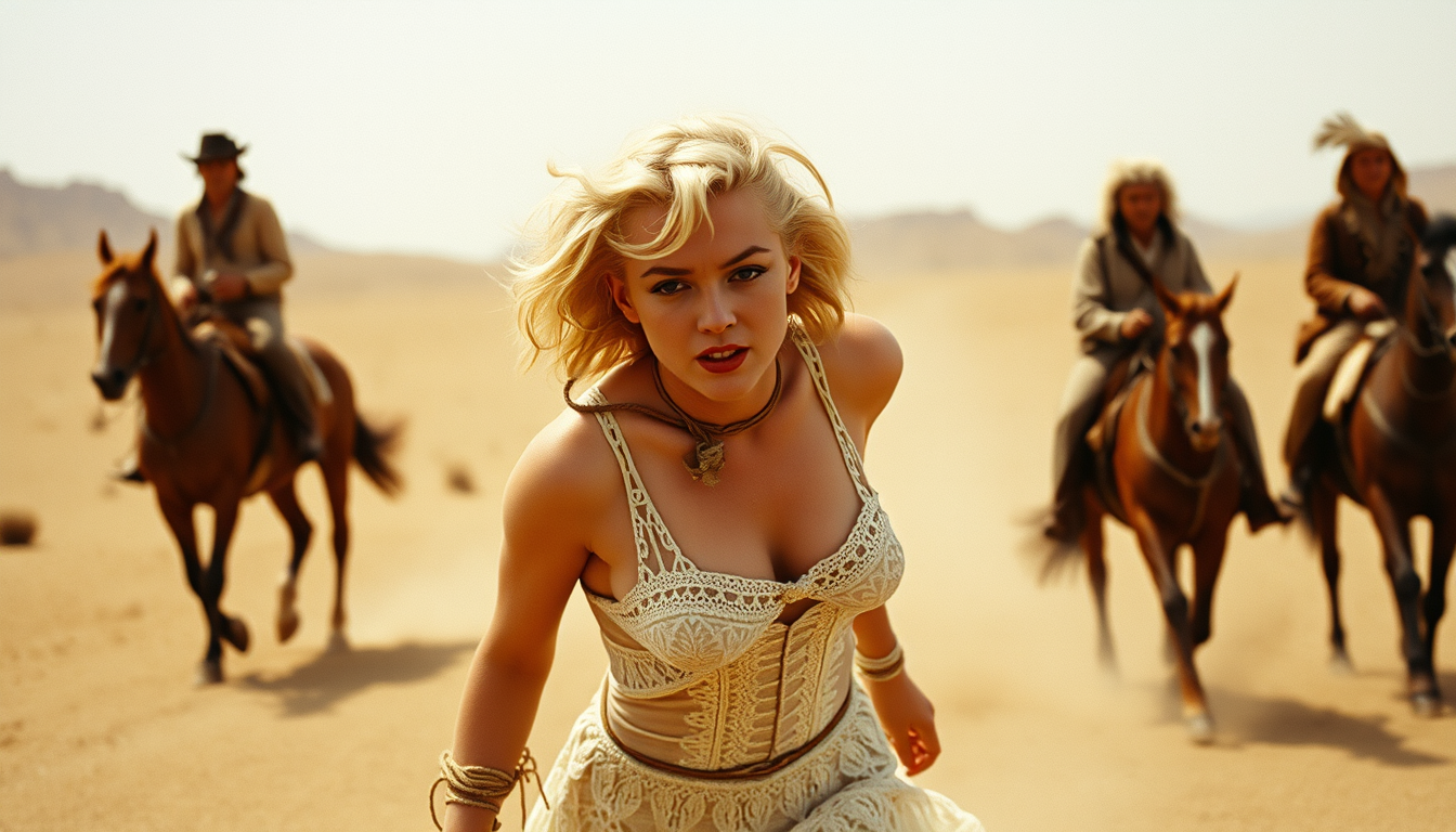 Spaghetti western movie shot. semi-nude Marilyn Monroe staggering through the warm desert with her dusty white laced transparent dress all torn to pieces. Her arms are tied on her back, bound arms, bound wrists. She has a rope around her neck. Her expression is of despair and pain. She is chased by native Indians on horseback, seen in the background. Sergio Leone movie still, cinematic, 