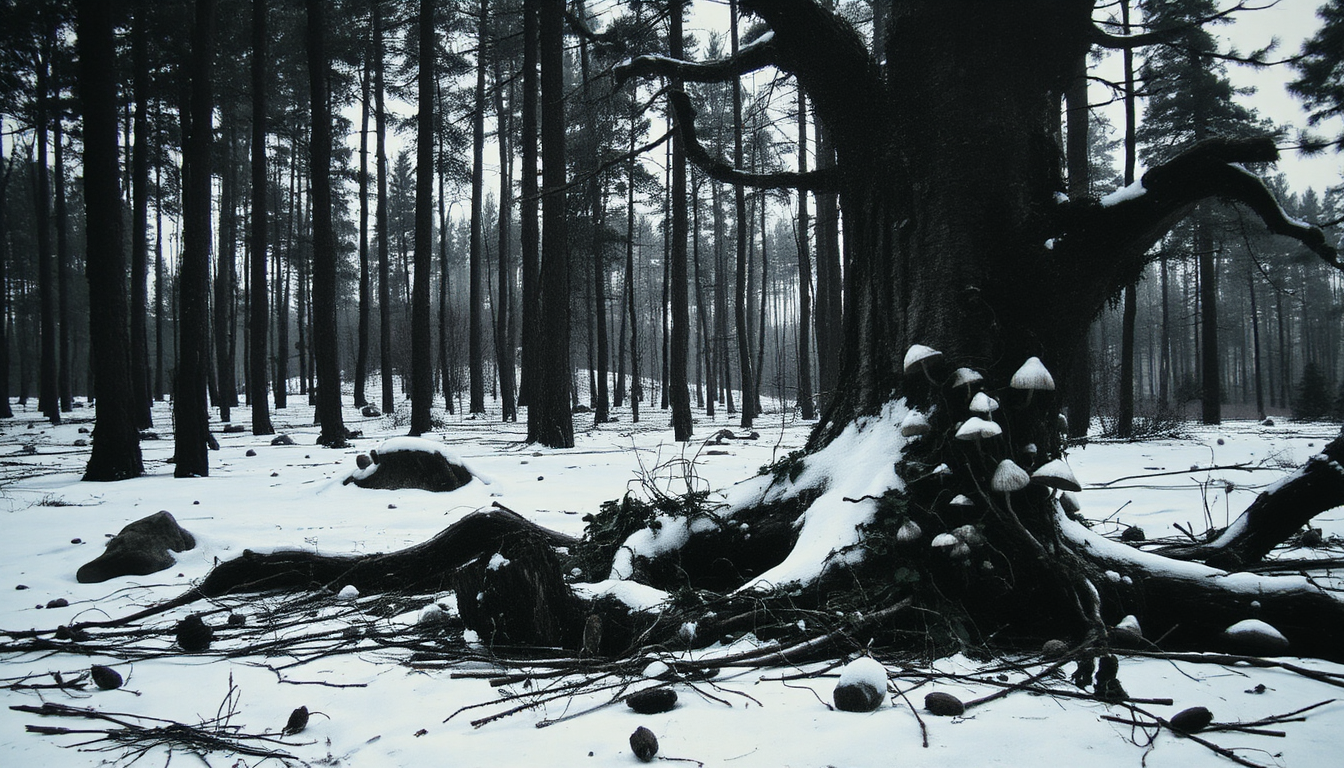 Create a highly detailed, atmospheric Charcoal style painting in the style of John Bauer, capturing a dark pine forest at twilight. The scene should be filled with sparse snow, highlighting the texture of the pine needles and the forest floor. The lighting should be dim, with soft, eerie glows from white mushrooms and the subtle reflection of moonlight on the snow.

**Visual Elements:**
- **Witch:** Portray a naked old female witch with long wild white hair and a menacing yet captivating presence. Her face is partially hidden by a hood, revealing only a sharp nose and piercing eyes. Use charcoal-like shading to add depth and a sense of foreboding.
- **Forest:** The pine trees are tall, their branches reaching out like skeletal fingers. The forest floor should be littered with pine cones, fallen needles, and patches of ivy creeping over rocks and stumps. 
- **Details:** Include a large, rotten tree with mushrooms sprouting from its decayed surface. The ground should be uneven, with slopes and scattered rocks, some moss-covered, adding to the eerie, untouched feel of the forest.
- **Textures:** Emphasize the rough bark of the trees, the smooth, cold surfaces of the rocks, the soft, crumbling texture of the stump, and the delicate, icy touch of the snow.

**Composition:**
- Use a low camera angle, looking up through the branches to give a sense of being watched or lost in the forest. The witch should be walking diagonally across the frame, her figure partially obscured by trees, creating a sense of movement and mystery.
- The forest should dominate the foreground, with the witch emerging from the shadows, creating a sense of depth and leading the viewer's eye through the scene.

**Mood and Atmosphere:**
- The atmosphere should be one of quiet, eerie beauty, with the witch's presence adding a touch of danger and the supernatural. The watercolor should be applied in a way that suggests a misty, almost dreamlike quality, enhancing the surreal and slightly unsettling mood.

**Technical Aspects:**
- Apply watercolor washes to create a hazy, ethereal background, contrasting with the sharp, detailed charcoal-like rendering of the witch and key forest elements. 
- Utilize negative space effectively to enhance the sense of isolation and the vastness of the forest.

**Style:**
- Capture the essence of John Bauer’s work with its blend of fantasy, folklore, and dark, enchanting natural settings. Emulate his use of line and color to define form while maintaining the watercolor's characteristic fluidity and transparency