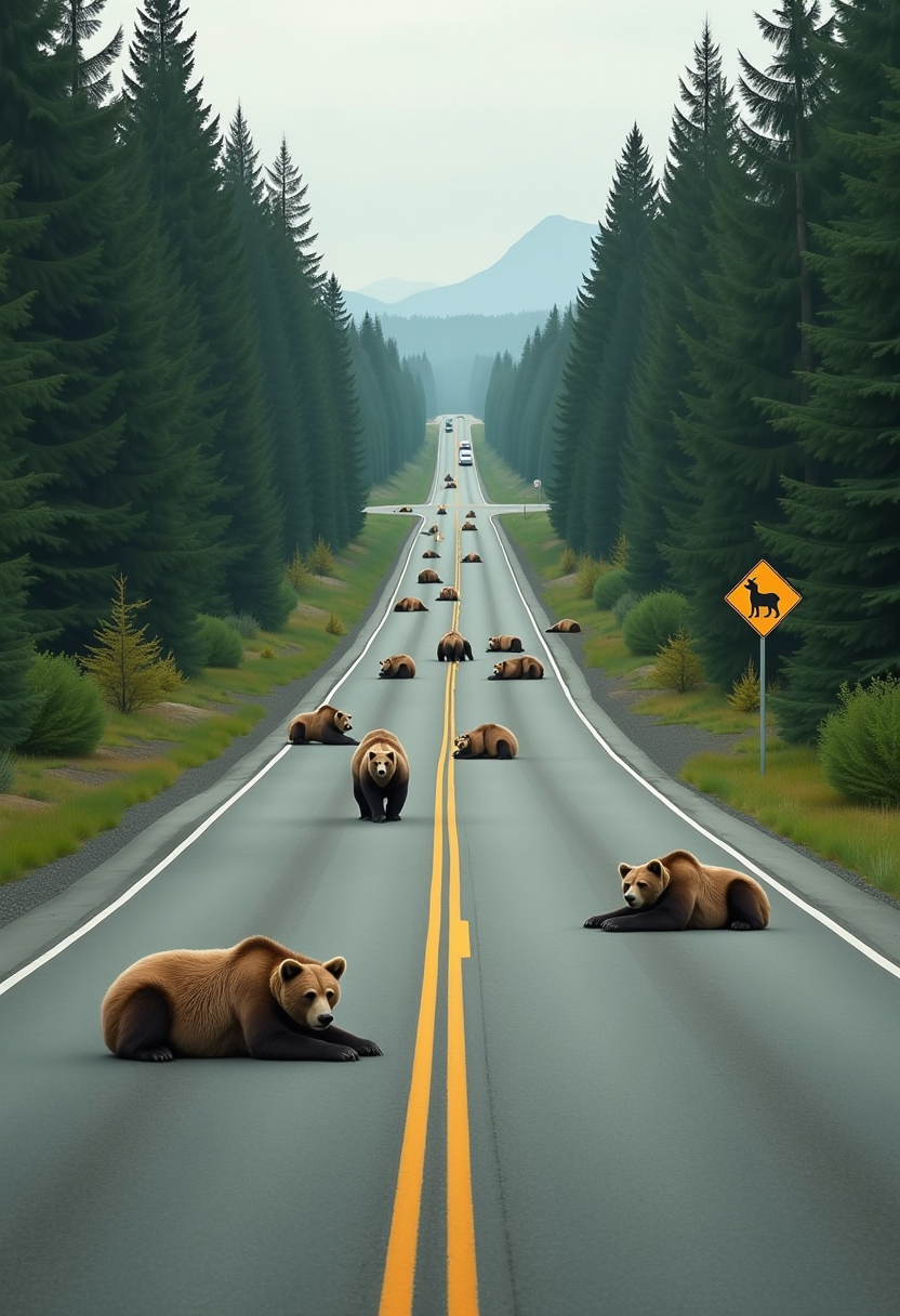 Example: This image depicts a road surrounded by dense forest