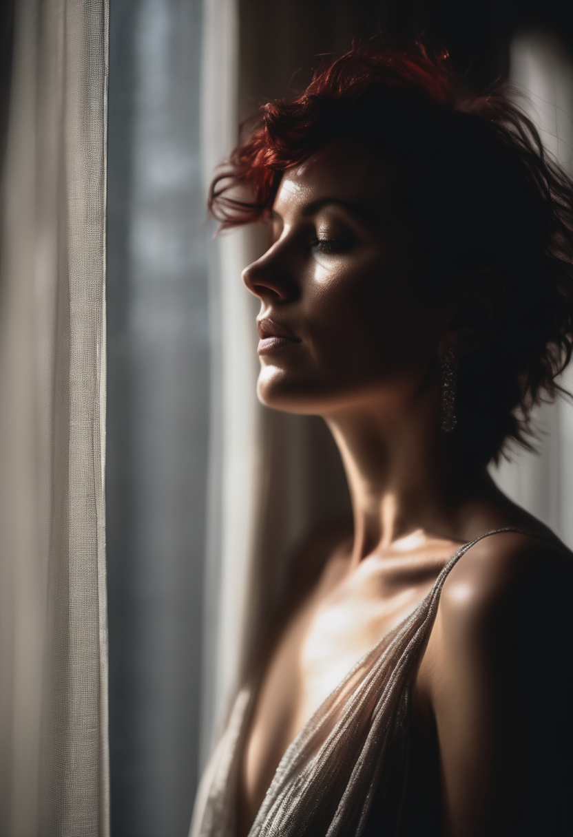 Cinematic minimalist nude portrait, woman with short dark red messy hair, moonlit room, soft silver light through sheer curtains, elegant shadows, intimate atmosphere, quiet confidence, standing near window, silhouette partially illuminated, one hand on glass, gazing into distance, lost in thought.