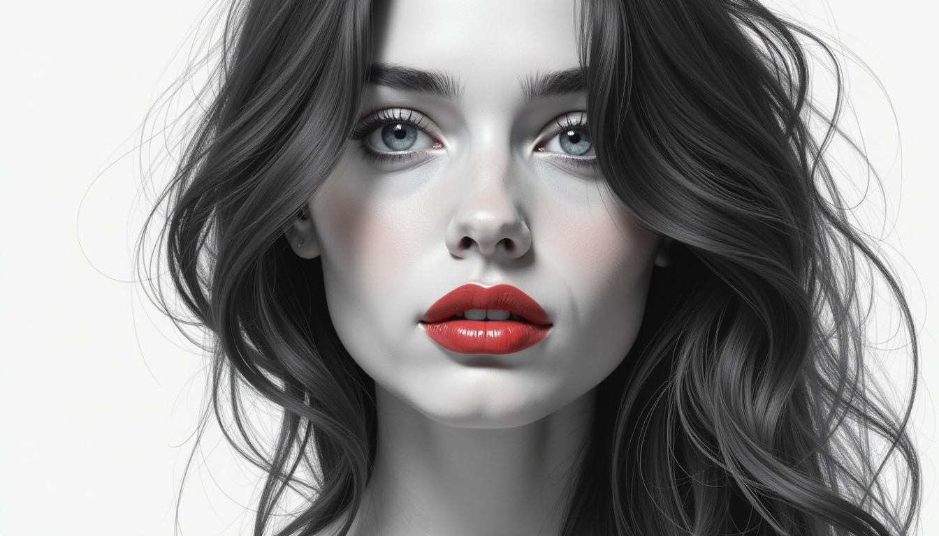 Ultra-realistic charcoal portrait sketch of a young woman inspired by Clara Sunday, with features reminiscent of Brooke Burns and Alison Lohman. Her cascading wavy hair gently frames her face, while her bold red lips contrast beautifully with her soft, luminous skin. Large, expressive blue eyes radiate warmth and sincerity. The overall expression captures natural beauty and youthful elegance. Emphasis on delicate textures, subtle shading, and high-detail facial features. Dramatic lighting enhances depth and form, composed according to the golden ratio for visual harmony.