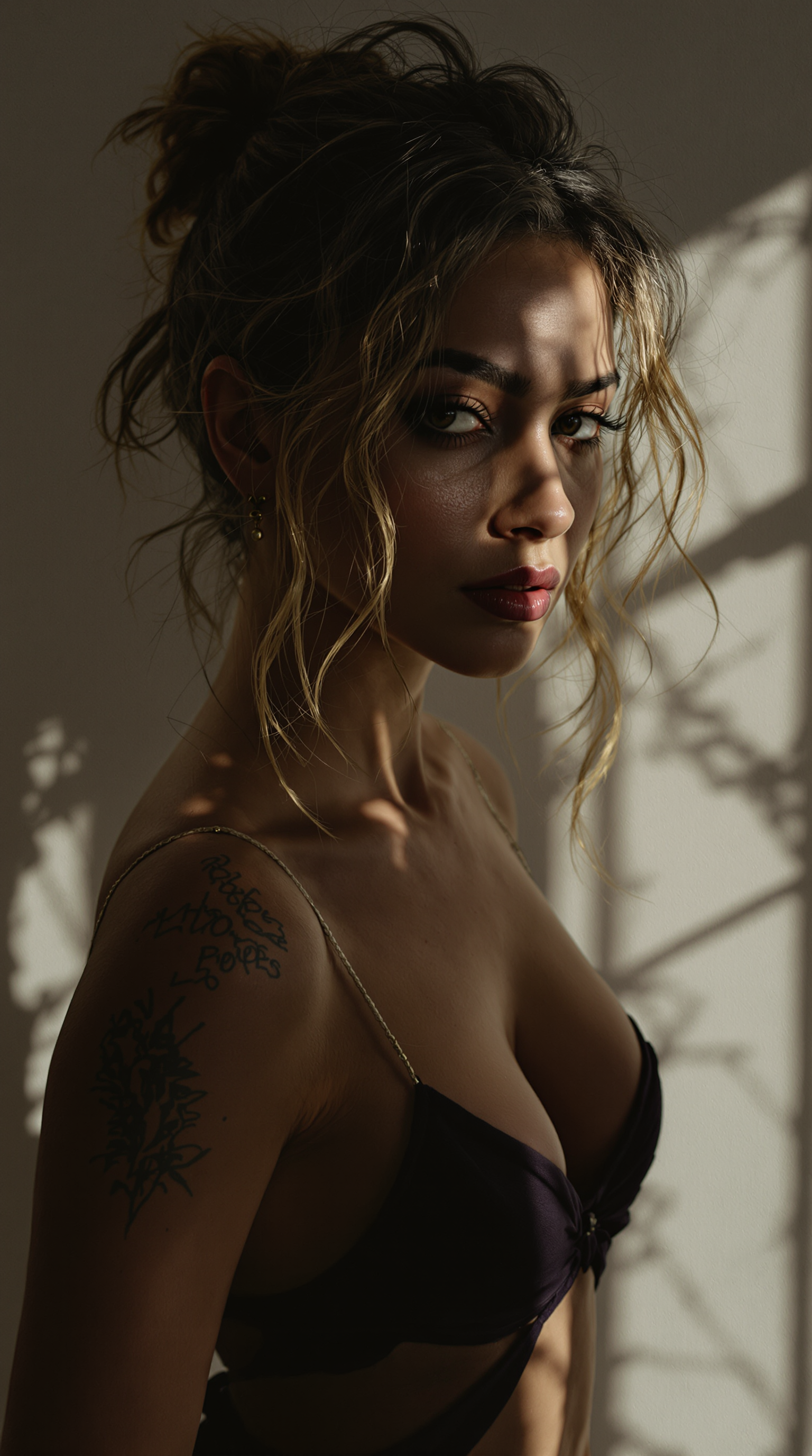 realistic photography style raw, editorial photography, chiaroscuro , with lights and shadows that enhanced her beautiful figure, postproduction, Sony Alpha IV, Kodak Color 35mm, in the style of 32K raw, UHD.