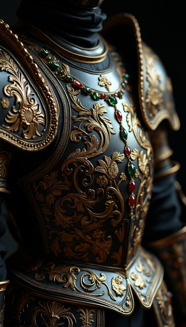 Example: A black set of armour reimagined in the Baroque style in full frame