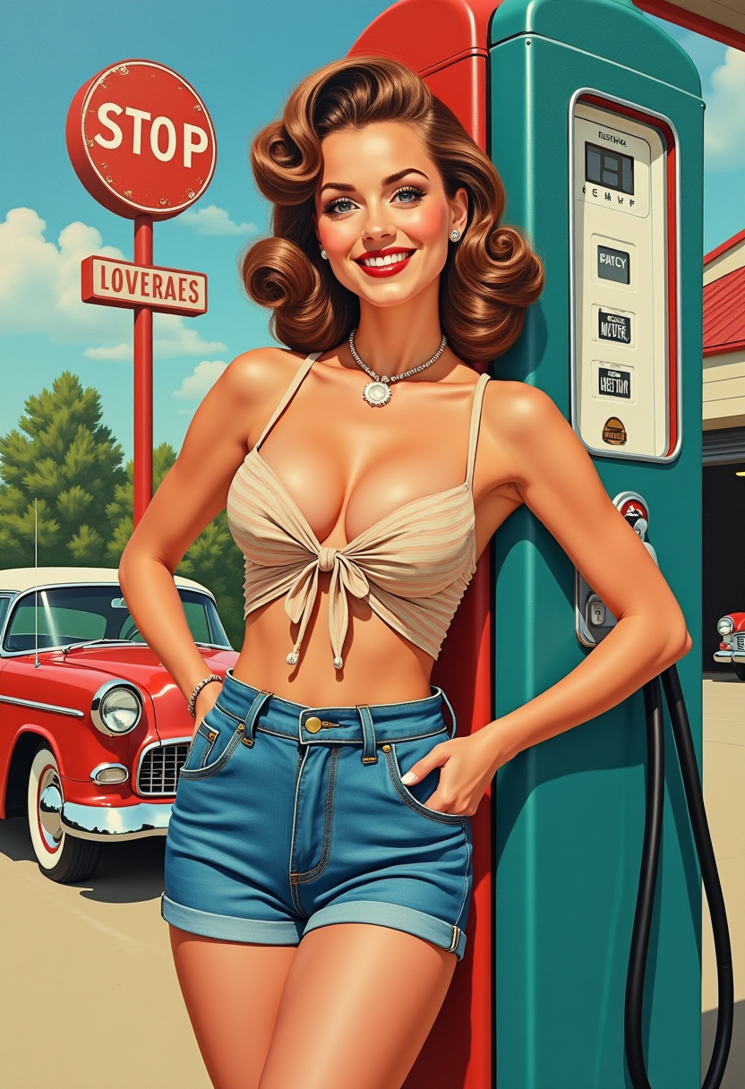 Acrylic and chalk highly detailed 1950s-style pin-up illustration of a cheerful woman at a vintage gas station. She is wearing high-waisted denim shorts and a stylish tied top, capturing the playful retro vibe. Her hair is styled in glamorous victory rolls, and she poses beside a classic antique gas pump in teal and red. The background includes classic cars and a nostalgic American garage.