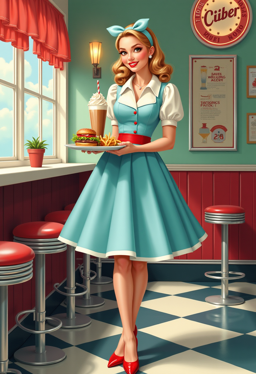 Example: Acrylic and chalk highly detailed digital painting of a 1950s-style pin-up illus