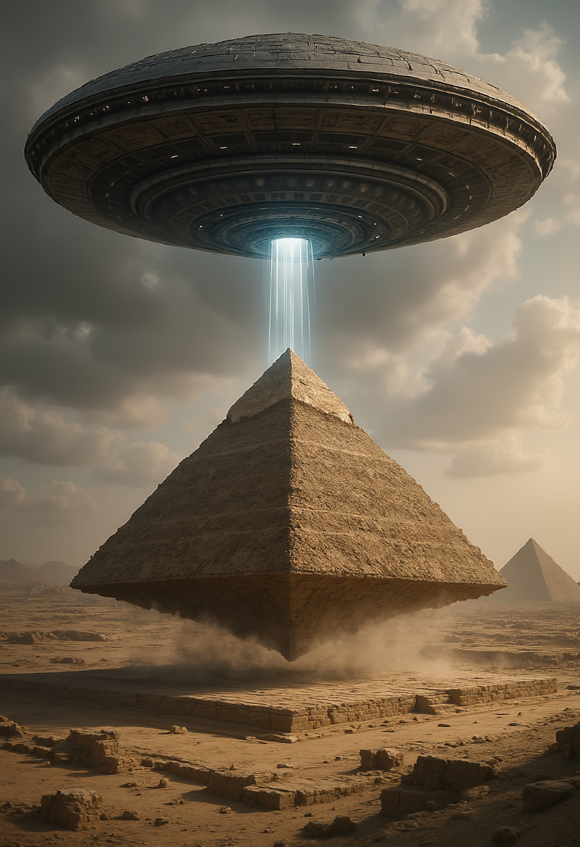 An alien space ship slowly lowering the Great Pyramid into place in Egypt, photo realistic
